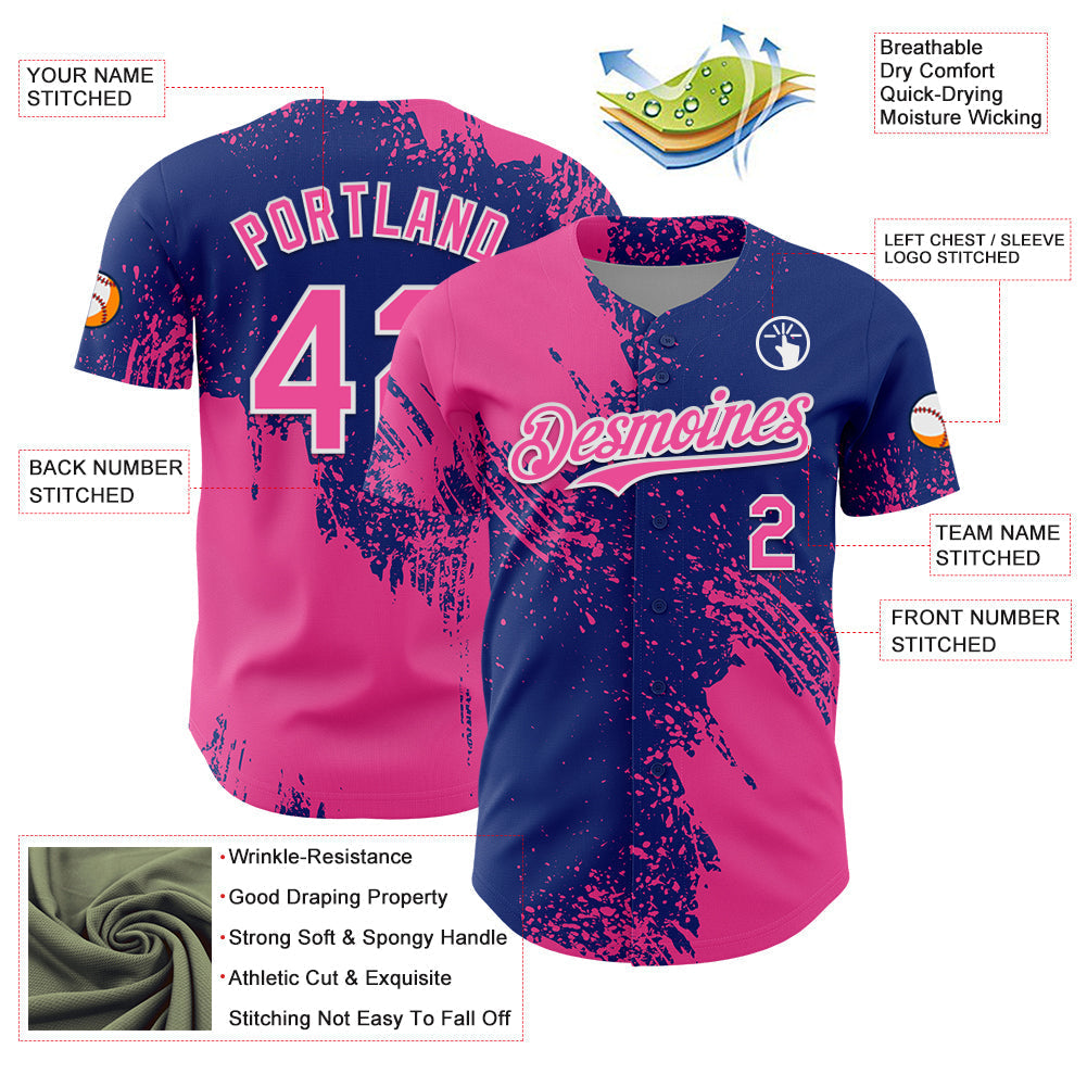 Custom Pink Royal-White 3D Pattern Design Abstract Brush Stroke Authentic Baseball Jersey baseball jersey product view 3