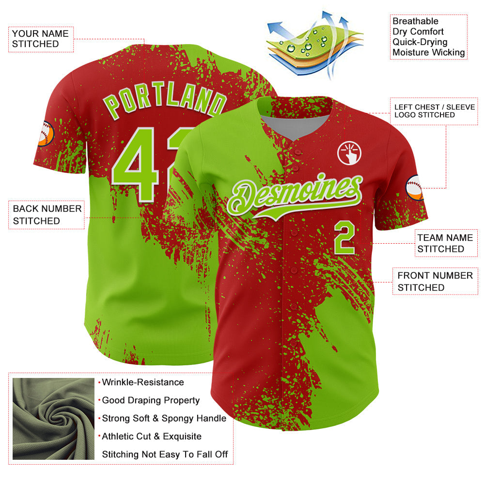 Custom Neon Green Red-White 3D Pattern Design Abstract Brush Stroke Authentic Baseball Jersey baseball jersey product view 3