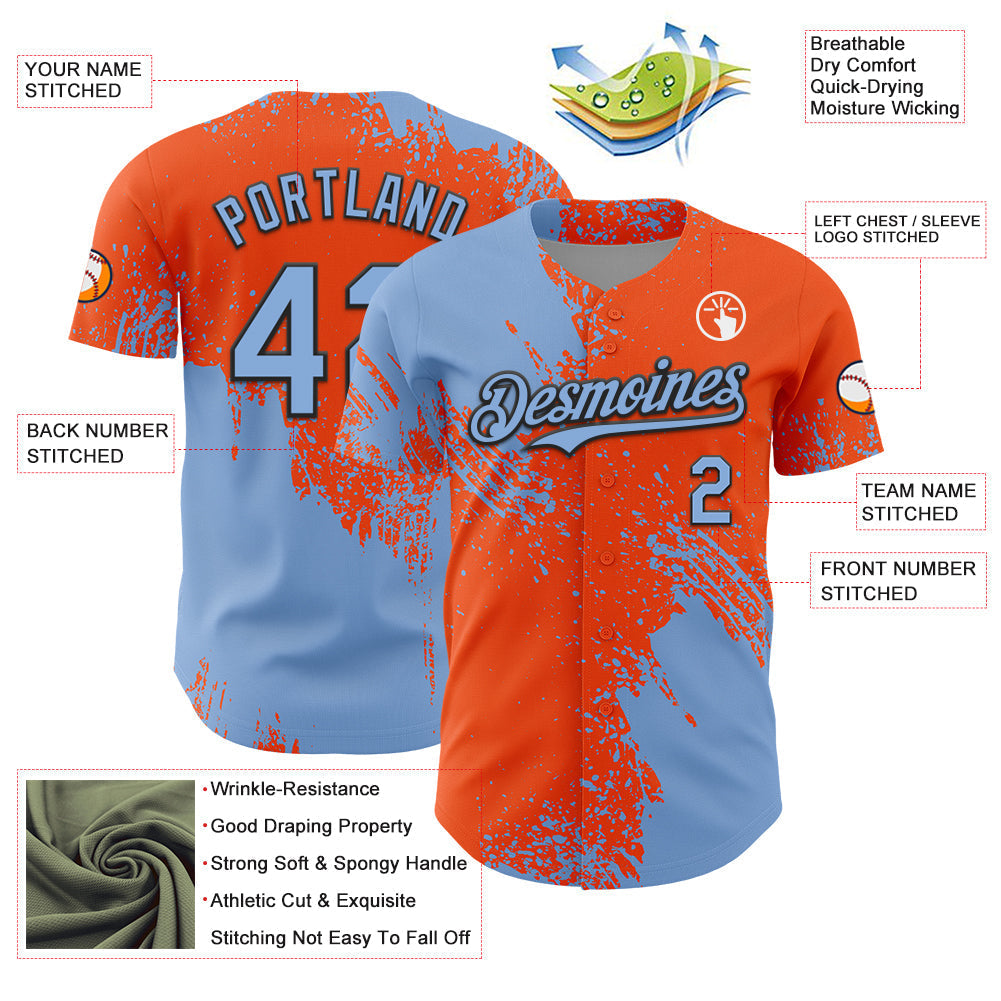 Custom Light Blue Orange-Black 3D Pattern Design Abstract Brush Stroke Authentic Baseball Jersey baseball jersey product view 3