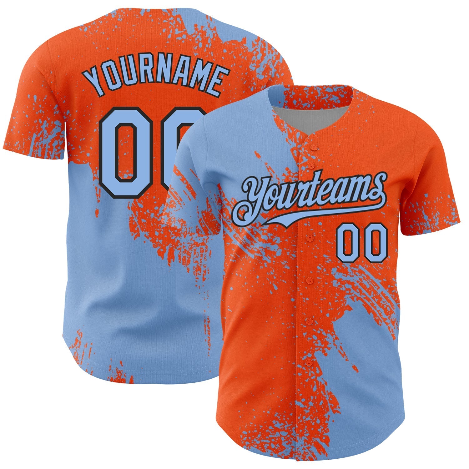 Custom Light Blue Orange-Black 3D Pattern Design Abstract Brush Stroke Authentic Baseball Jersey baseball jersey product view 1