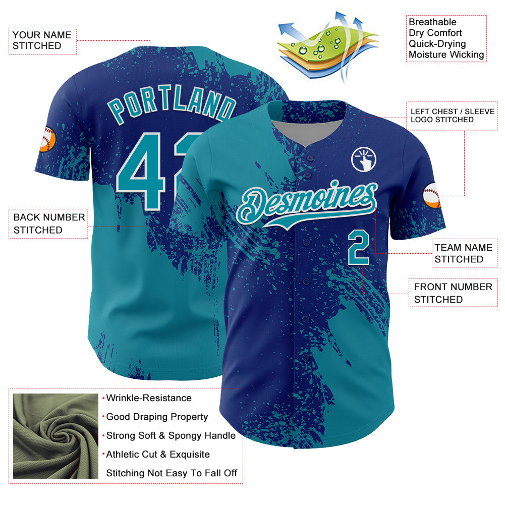 Custom Teal Royal-White 3D Pattern Design Abstract Brush Stroke Authentic Baseball Jersey baseball jersey product view 3