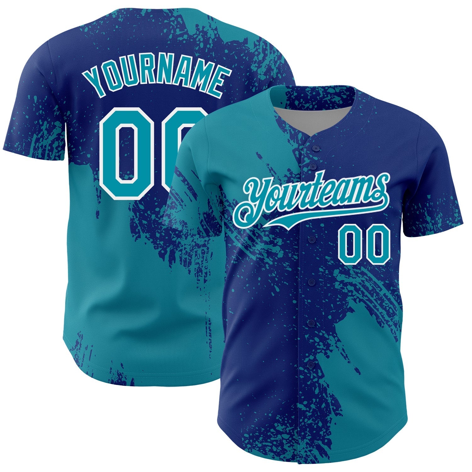 Custom Teal Royal-White 3D Pattern Design Abstract Brush Stroke Authentic Baseball Jersey baseball jersey product view 1