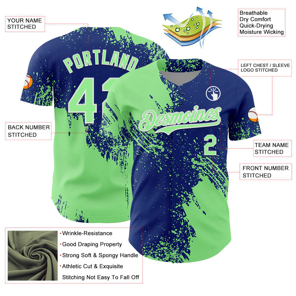 Custom Pea Green Royal-White 3D Pattern Design Abstract Brush Stroke Authentic Baseball Jersey baseball jersey product view 3