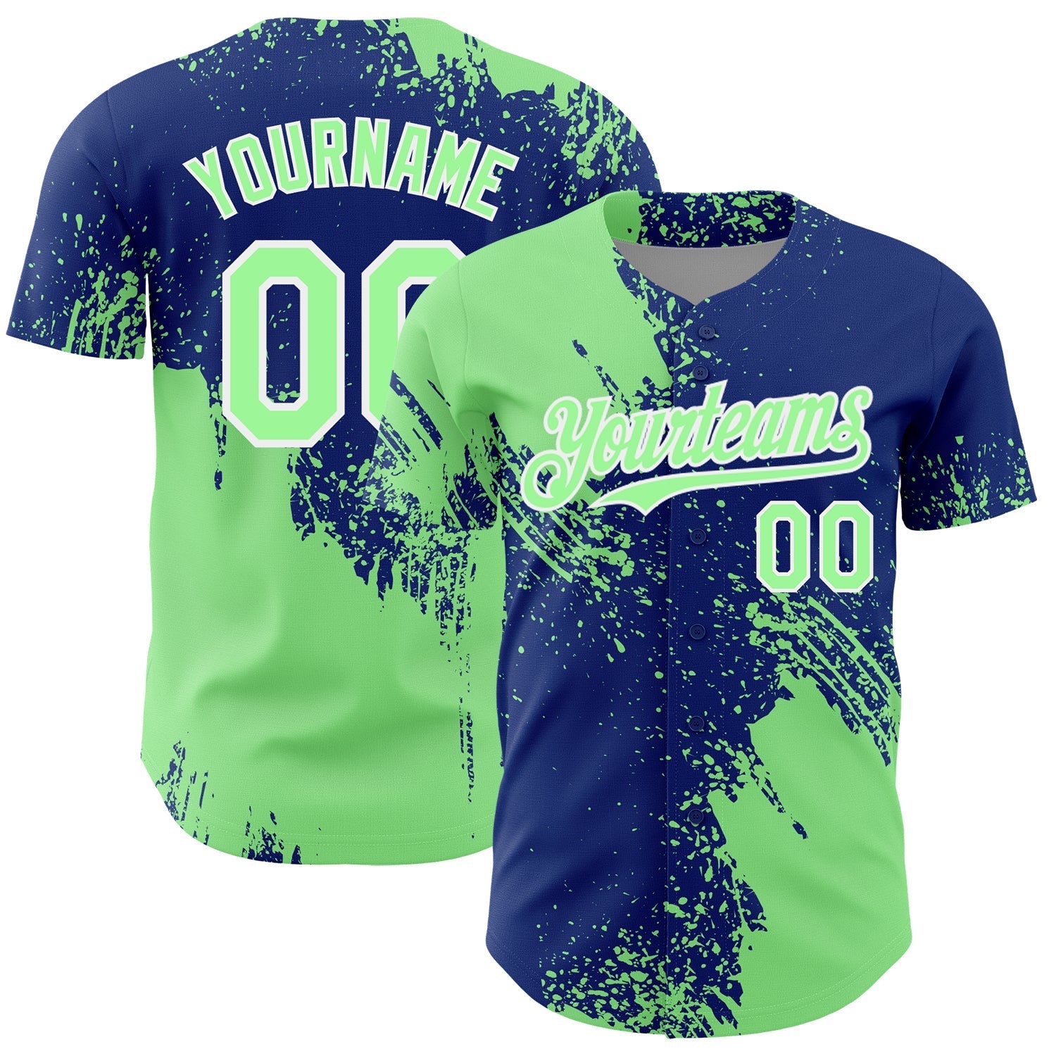 Custom Pea Green Royal-White 3D Pattern Design Abstract Brush Stroke Authentic Baseball Jersey baseball jersey product view 1