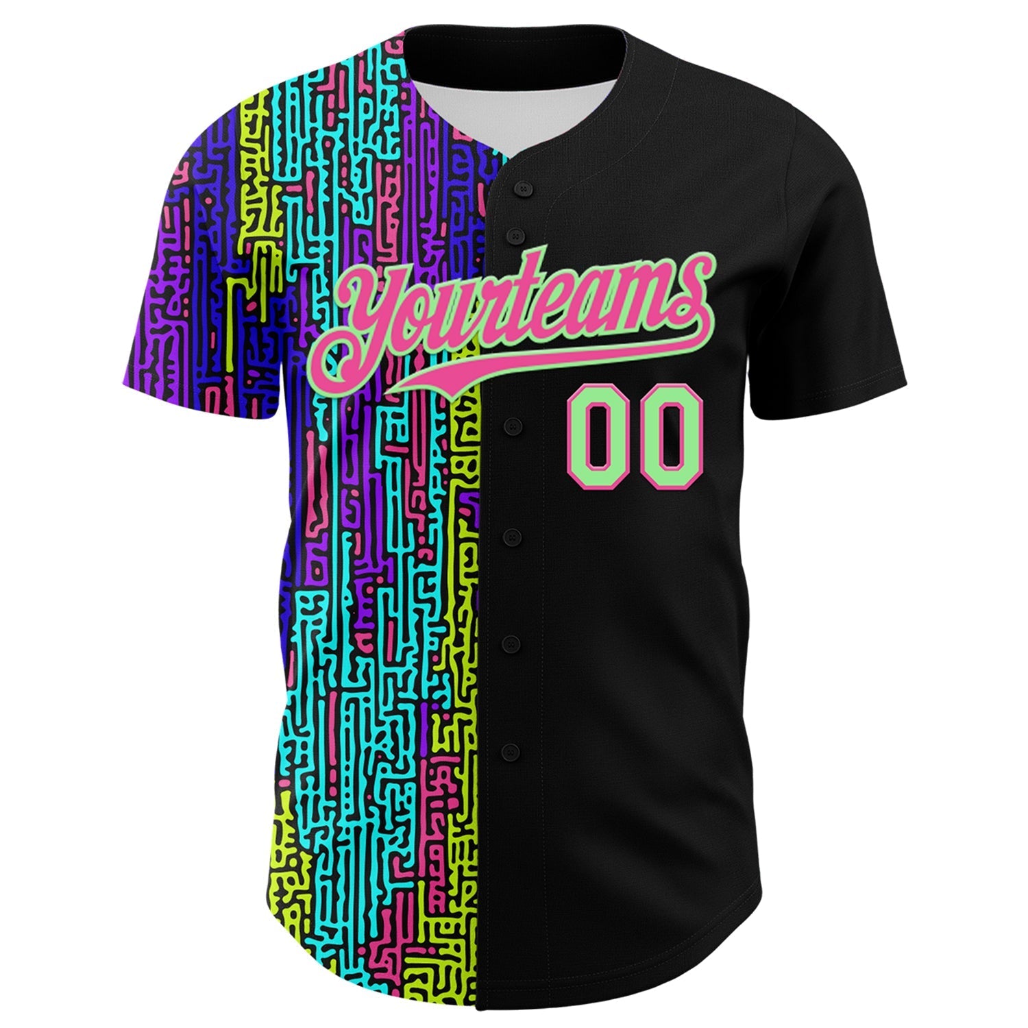 Custom Black Pea Green-Pink 3D Pattern Design Rave Psychedelic Neon Fluid Art Authentic Baseball Jersey baseball jersey product view 2