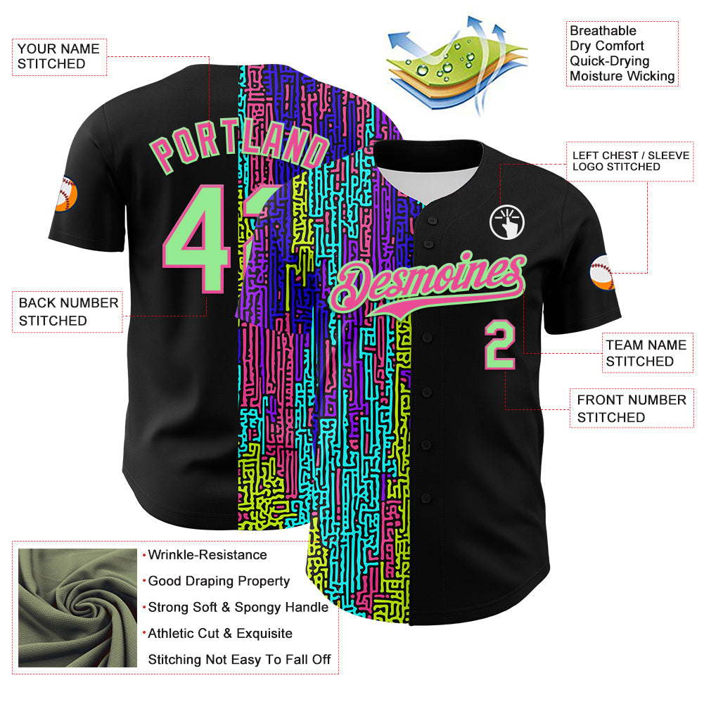 Custom Black Pea Green-Pink 3D Pattern Design Rave Psychedelic Neon Fluid Art Authentic Baseball Jersey baseball jersey product view 3