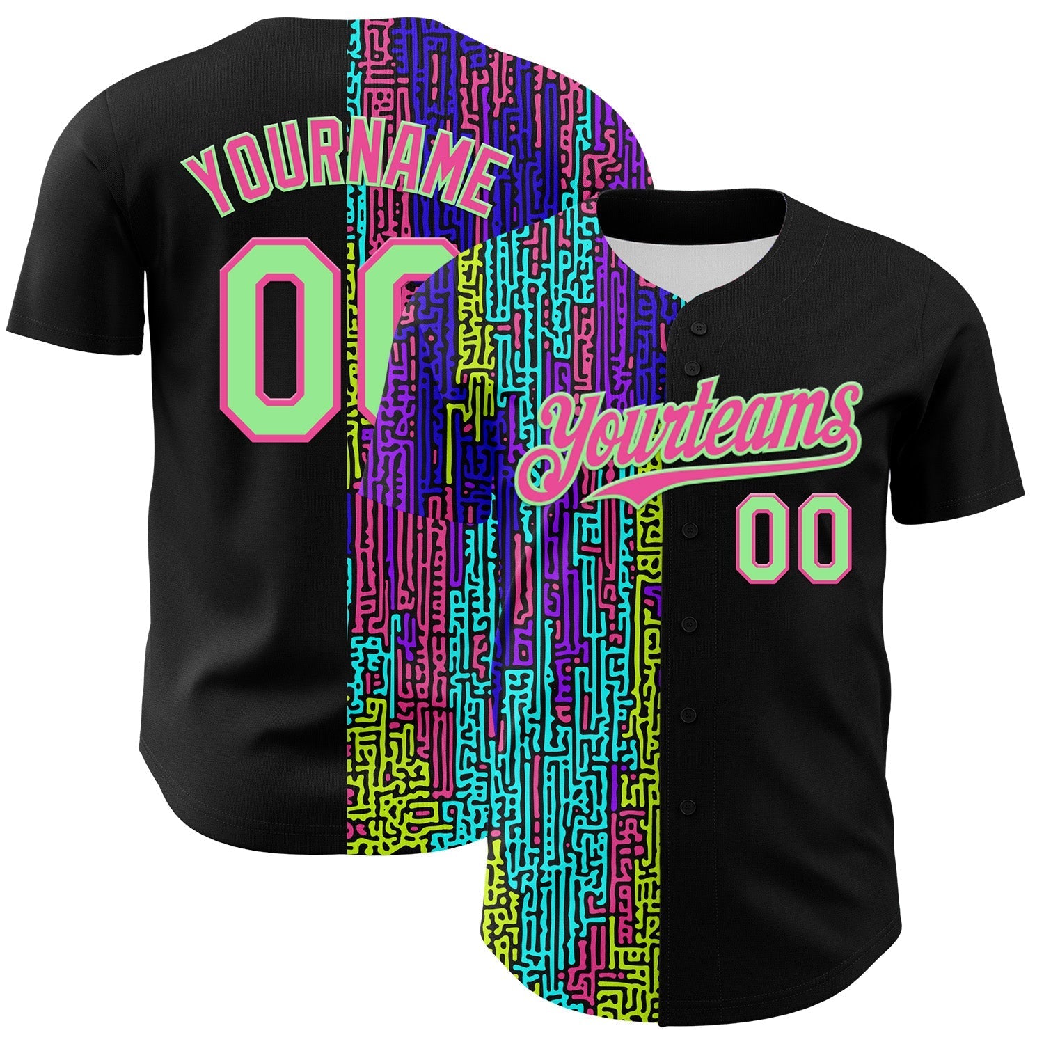 Custom Black Pea Green-Pink 3D Pattern Design Rave Psychedelic Neon Fluid Art Authentic Baseball Jersey baseball jersey product view 1