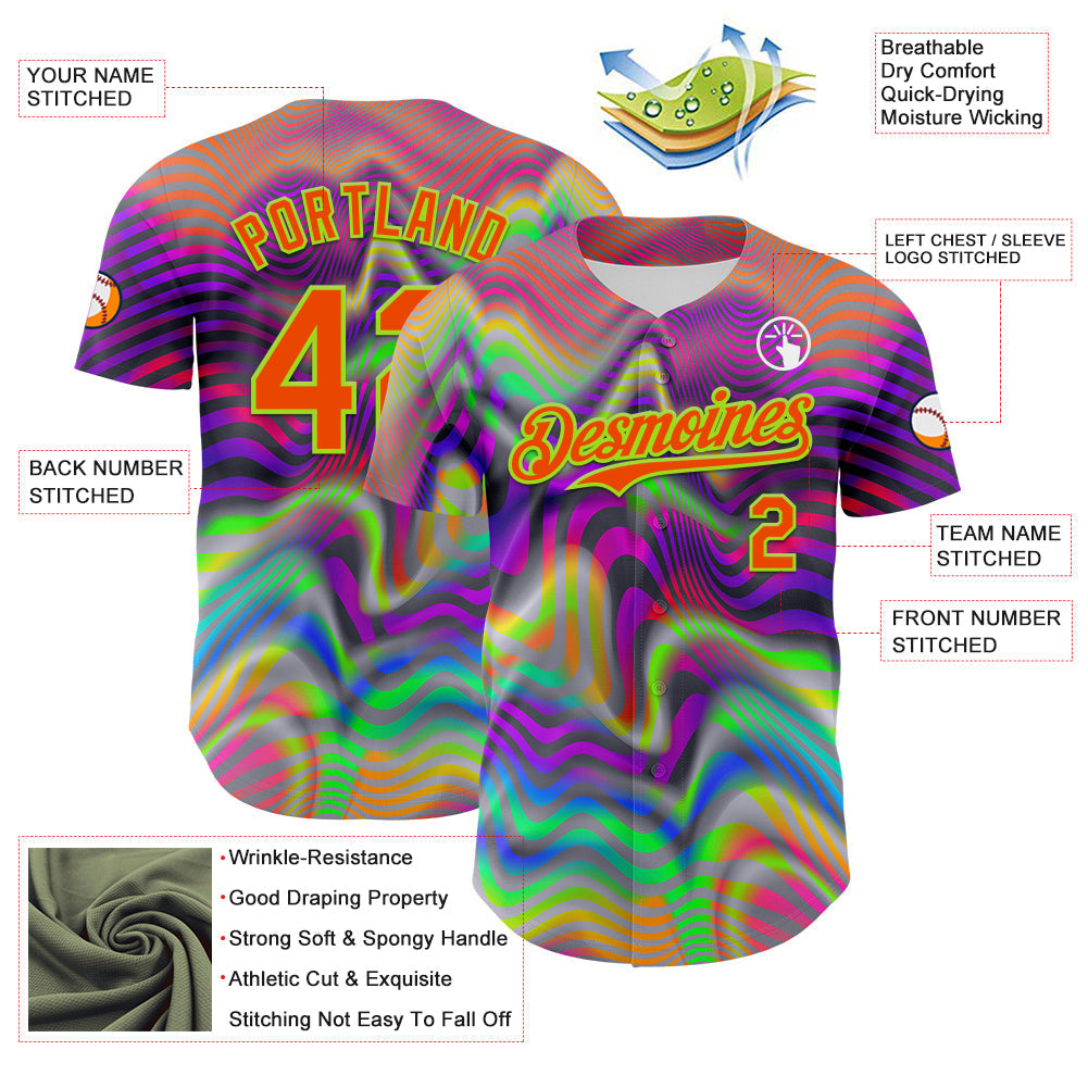 Custom Gray Orange-Neon Green 3D Pattern Design Rave Psychedelic Neon Fluid Art Authentic Baseball Jersey baseball jersey product view 3