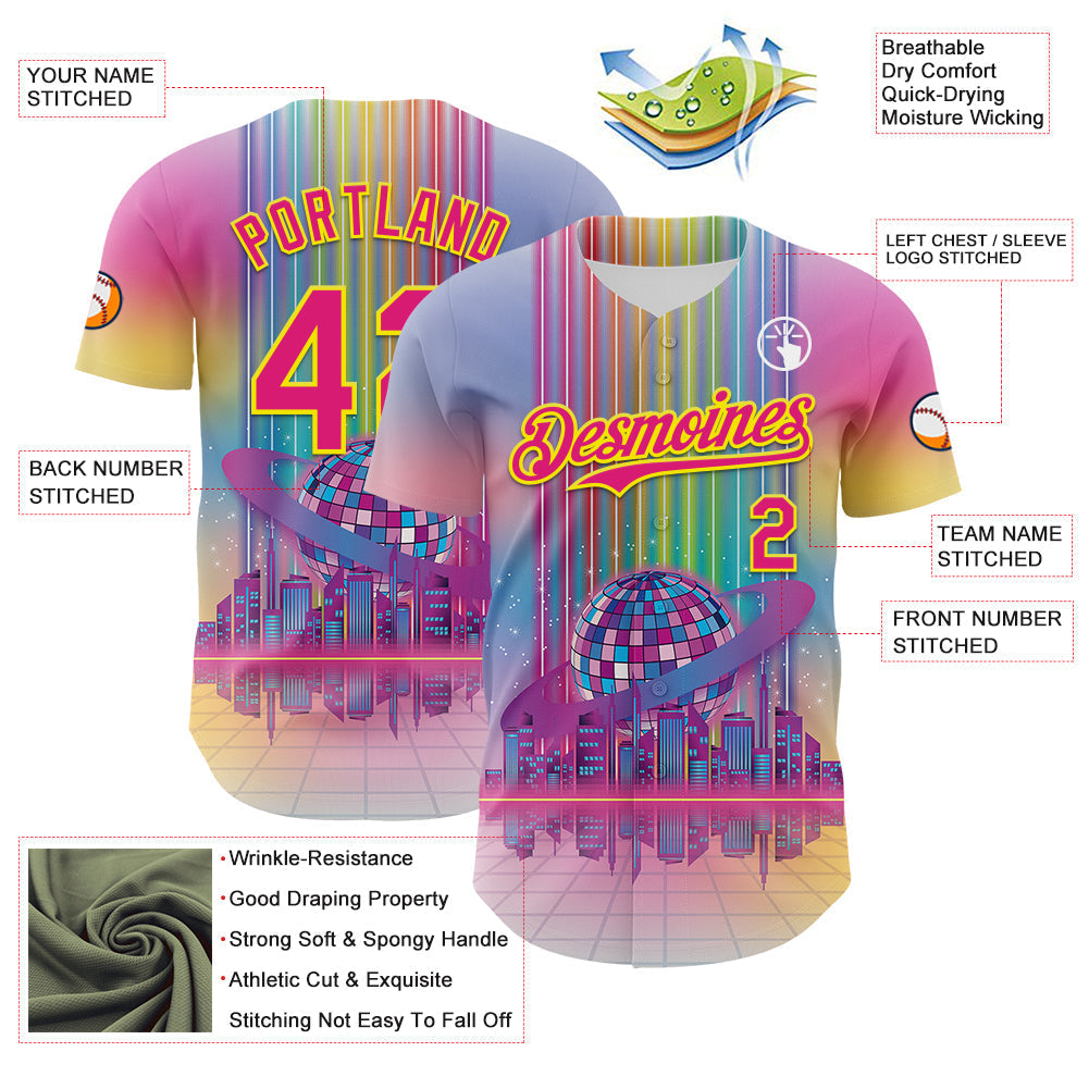 Custom Pink Hot Pink-Light Yellow 3D Pattern Design Rave Psychedelic Neon Music Disco Authentic Baseball Jersey baseball jersey product view 3