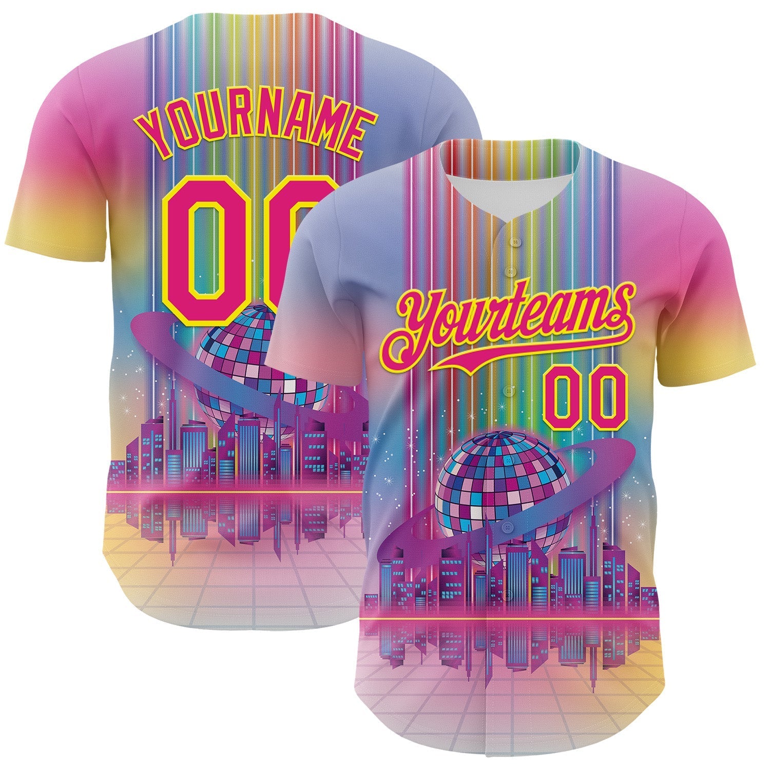 Custom Pink Hot Pink-Light Yellow 3D Pattern Design Rave Psychedelic Neon Music Disco Authentic Baseball Jersey baseball jersey product view 1