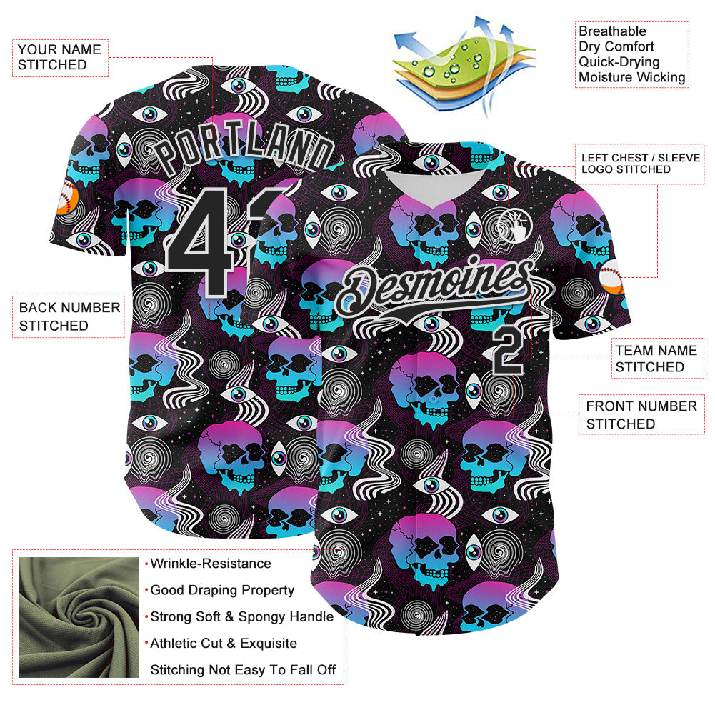 Custom Black White 3D Pattern Design Rave Psychedelic Skull Authentic Baseball Jersey baseball jersey product view 3