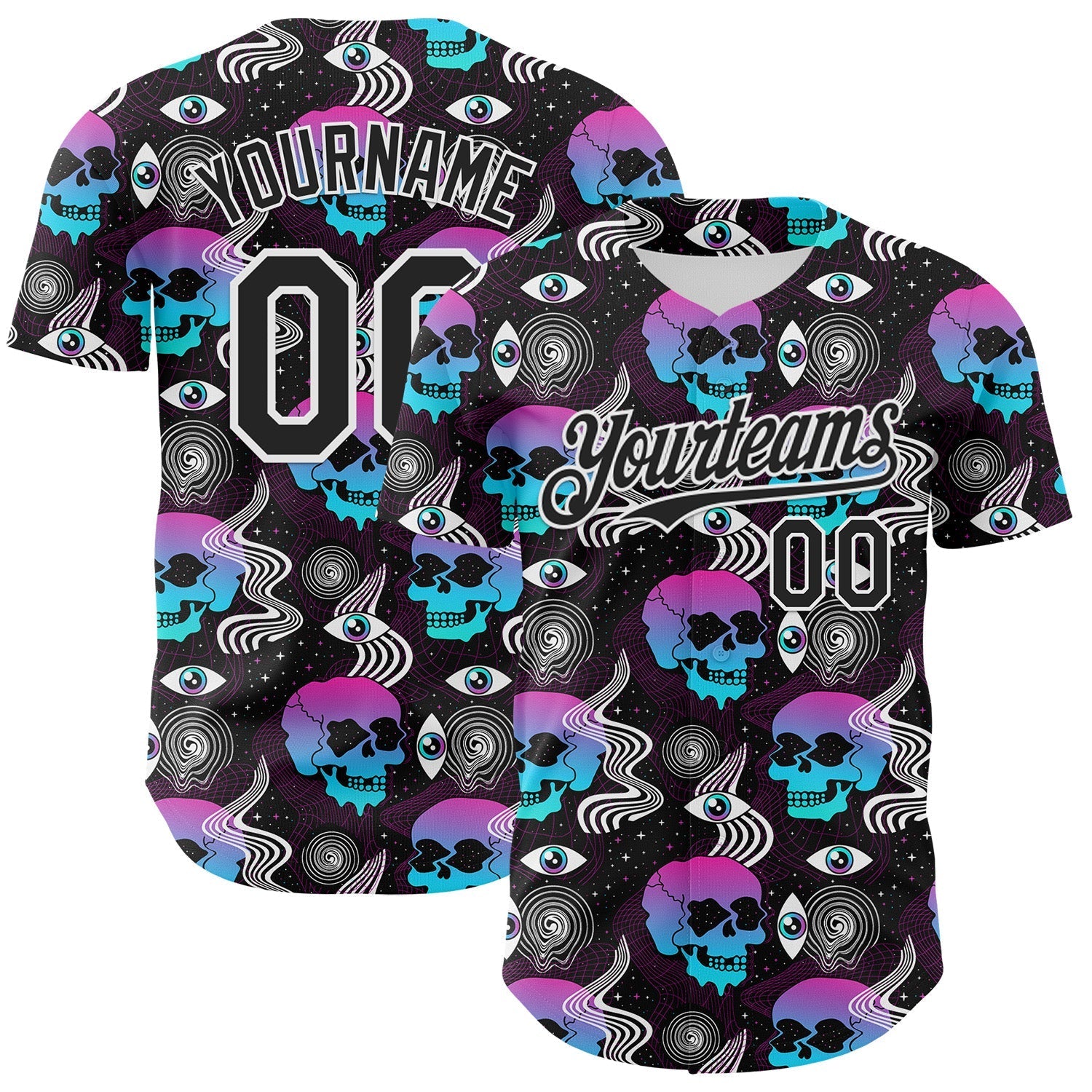 Custom Black White 3D Pattern Design Rave Psychedelic Skull Authentic Baseball Jersey baseball jersey product view 1