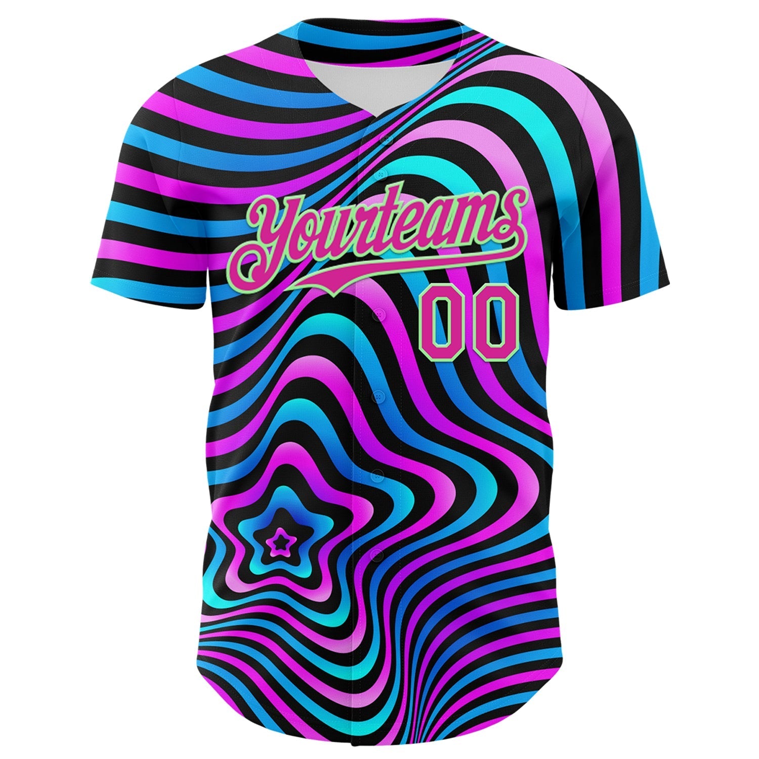 Custom Black Deep Pink-Pea Green 3D Pattern Design Rave Psychedelic Fluid Art Authentic Baseball Jersey baseball jersey product view 2
