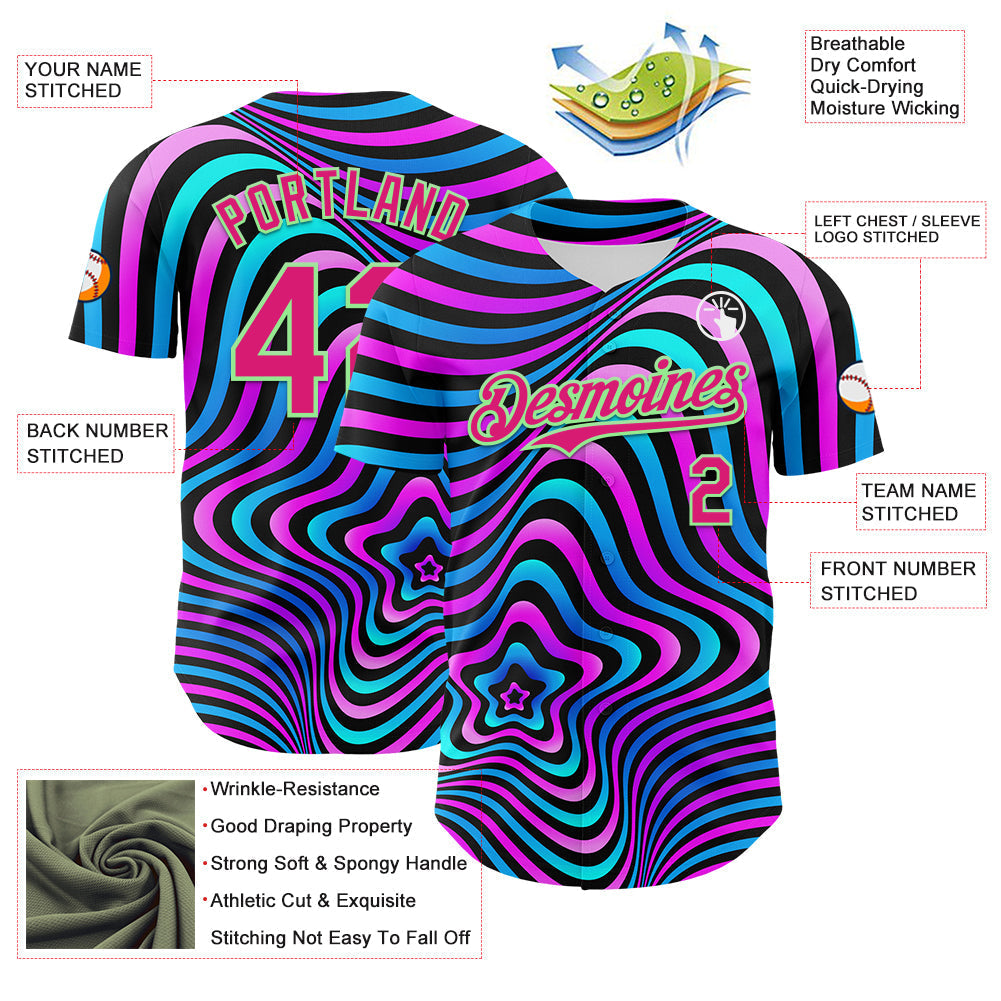 Custom Black Deep Pink-Pea Green 3D Pattern Design Rave Psychedelic Fluid Art Authentic Baseball Jersey baseball jersey product view 3