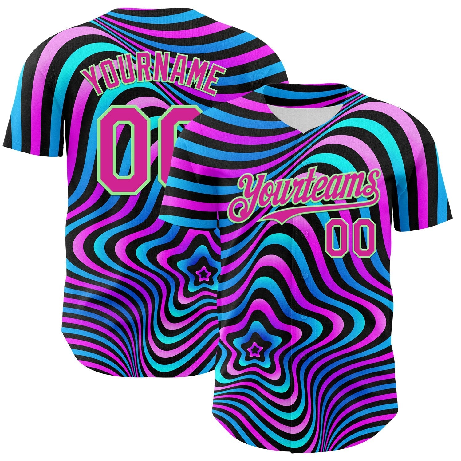 Custom Black Deep Pink-Pea Green 3D Pattern Design Rave Psychedelic Fluid Art Authentic Baseball Jersey baseball jersey product view 1