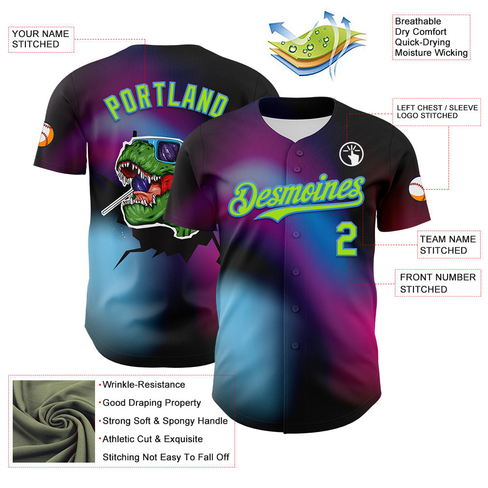 Custom Black Neon Green-Electric Blue 3D Pattern Design Rave Psychedelic Neon Dinosaur Authentic Baseball Jersey baseball jersey product view 3