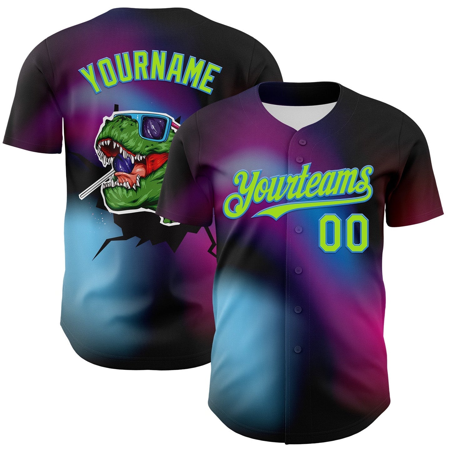 Custom Black Neon Green-Electric Blue 3D Pattern Design Rave Psychedelic Neon Dinosaur Authentic Baseball Jersey baseball jersey product view 1