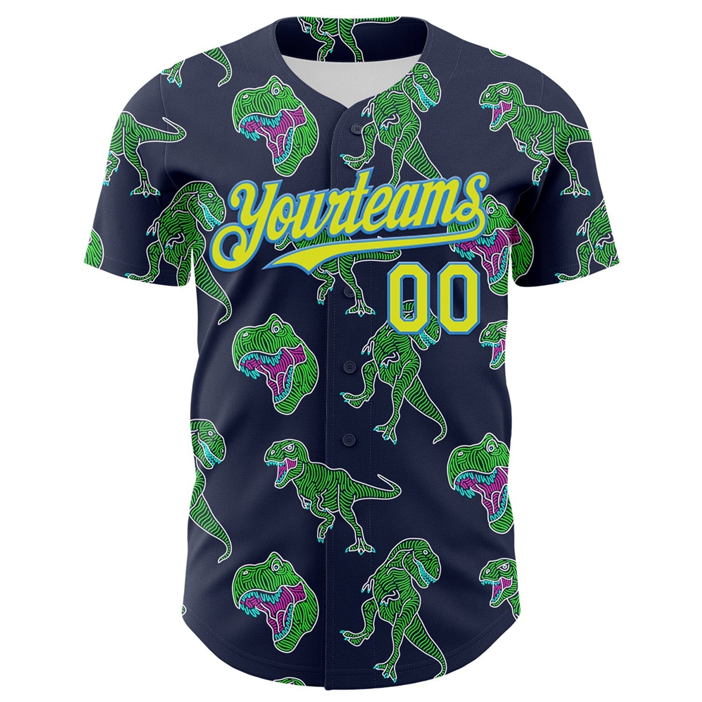 Custom Navy Neon Yellow-Electric Blue 3D Pattern Design Rave Psychedelic Neon Dinosaur Authentic Baseball Jersey baseball jersey product view 2