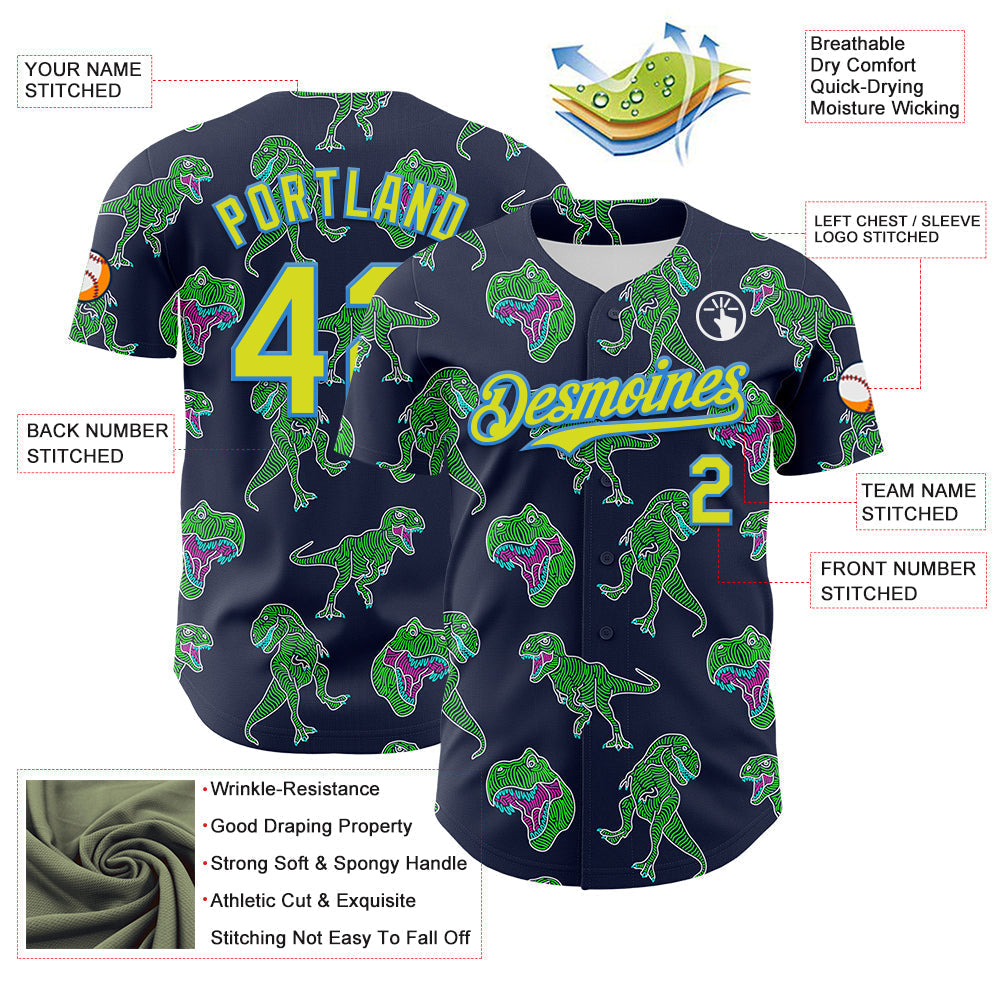 Custom Navy Neon Yellow-Electric Blue 3D Pattern Design Rave Psychedelic Neon Dinosaur Authentic Baseball Jersey baseball jersey product view 3