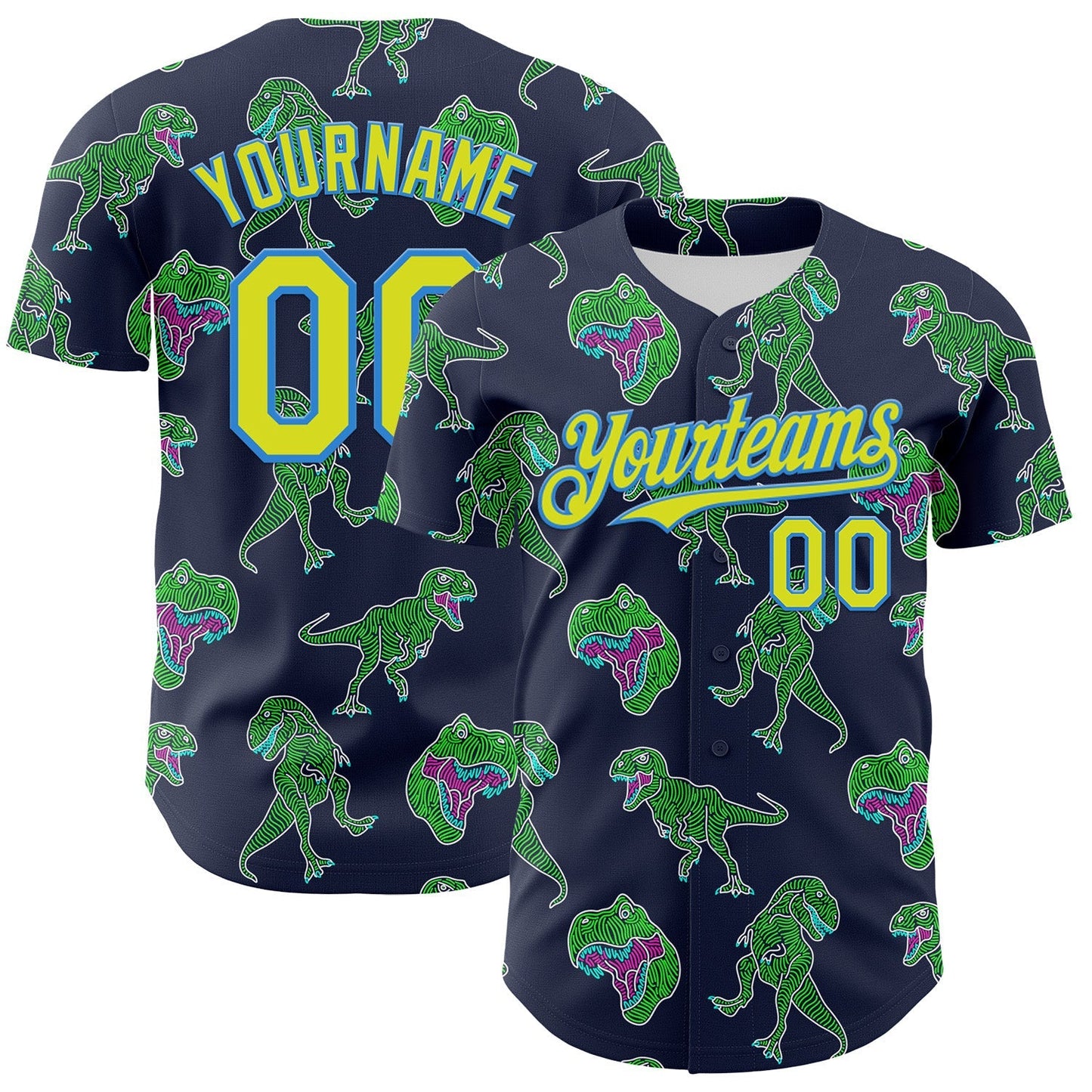 Custom Navy Neon Yellow-Electric Blue 3D Pattern Design Rave Psychedelic Neon Dinosaur Authentic Baseball Jersey baseball jersey product view 1