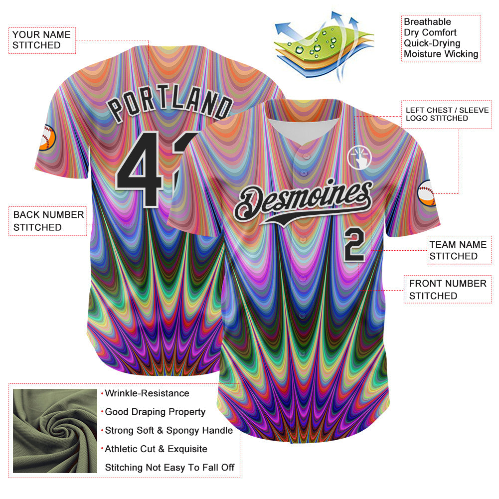 Custom Orange Black-White 3D Pattern Design Rave Psychedelic Fractal Style Authentic Baseball Jersey baseball jersey product view 3