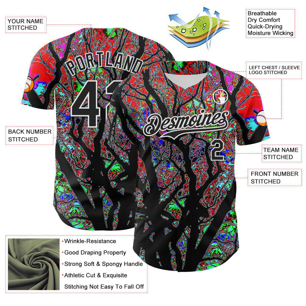 Custom Black White 3D Pattern Design Rave Psychedelic Tree Authentic Baseball Jersey baseball jersey product view 3