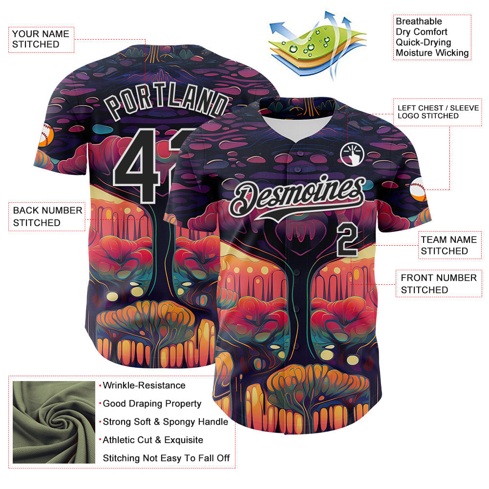 Custom Black White 3D Pattern Design Rave Psychedelic Forest Authentic Baseball Jersey baseball jersey product view 3
