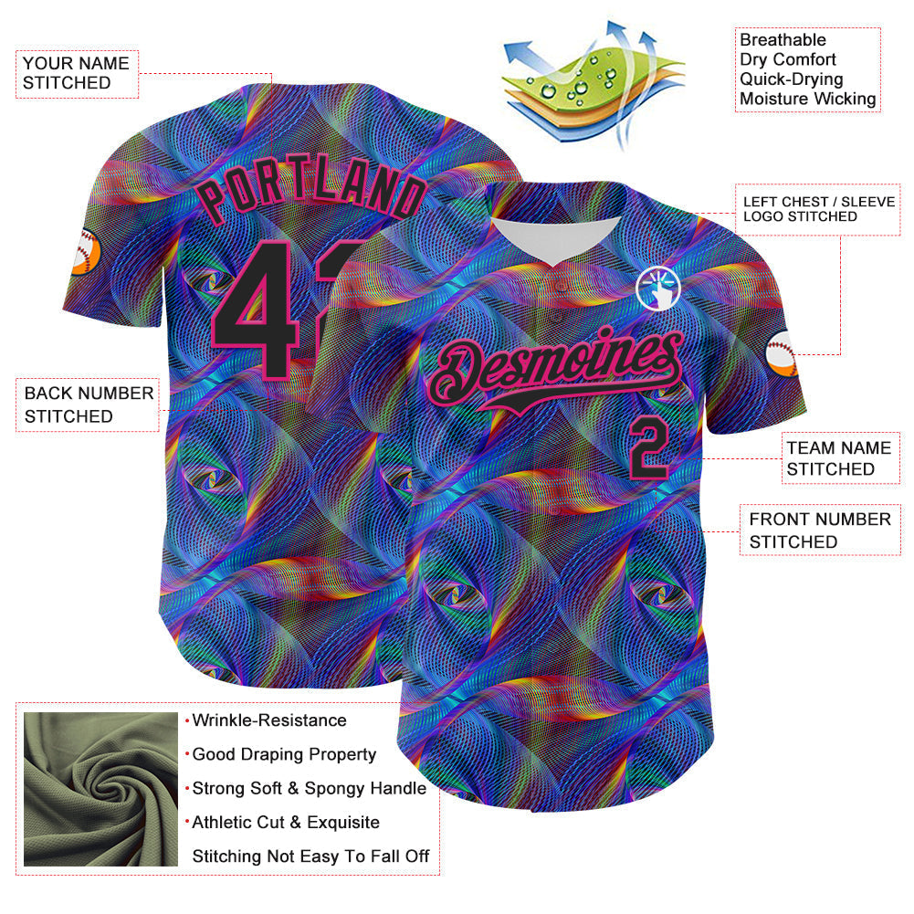 Custom Black Hot Pink 3D Pattern Design Rave Psychedelic Fractal Style Authentic Baseball Jersey baseball jersey product view 3