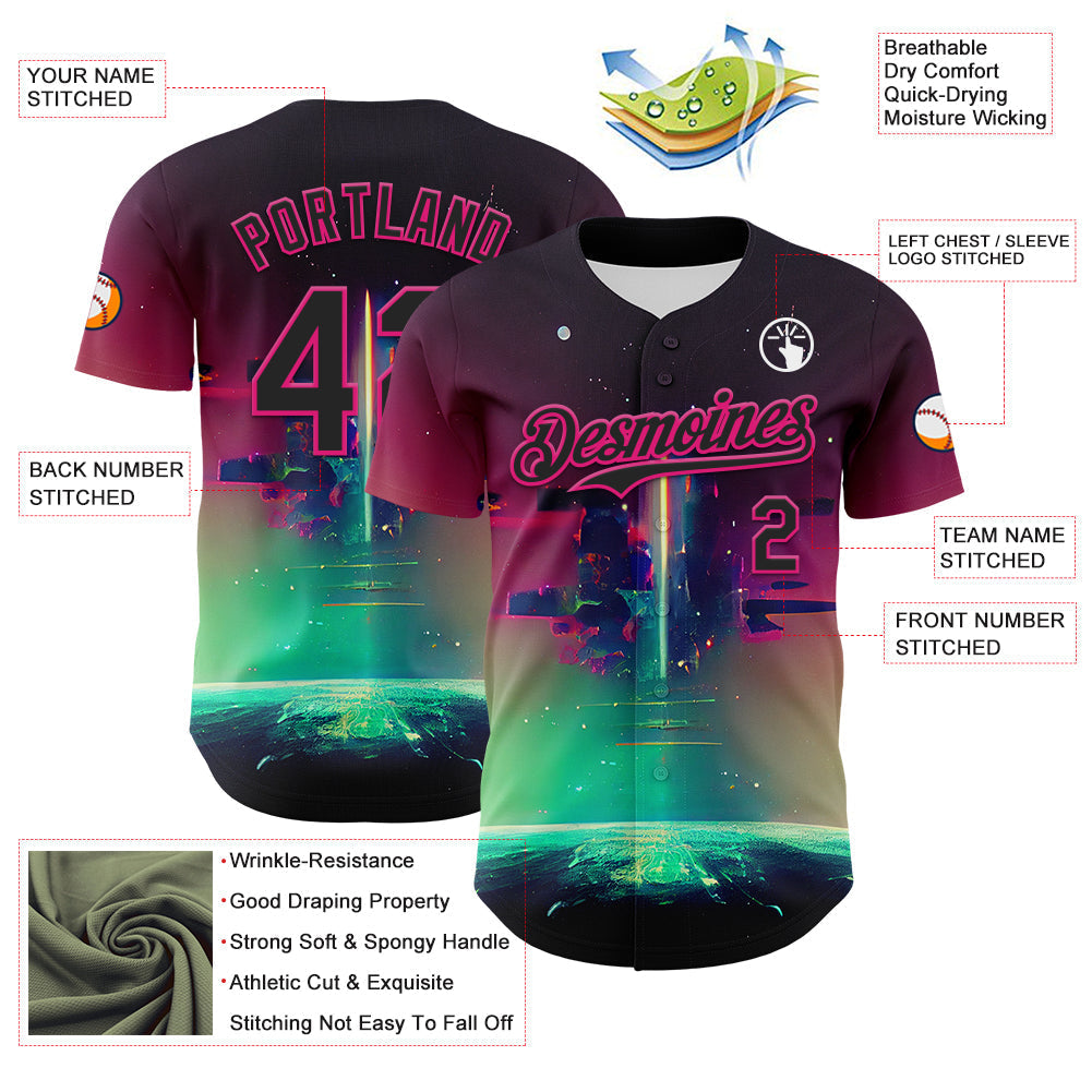 Custom Black Hot Pink 3D Pattern Design Rave Psychedelic Universe Authentic Baseball Jersey baseball jersey product view 3