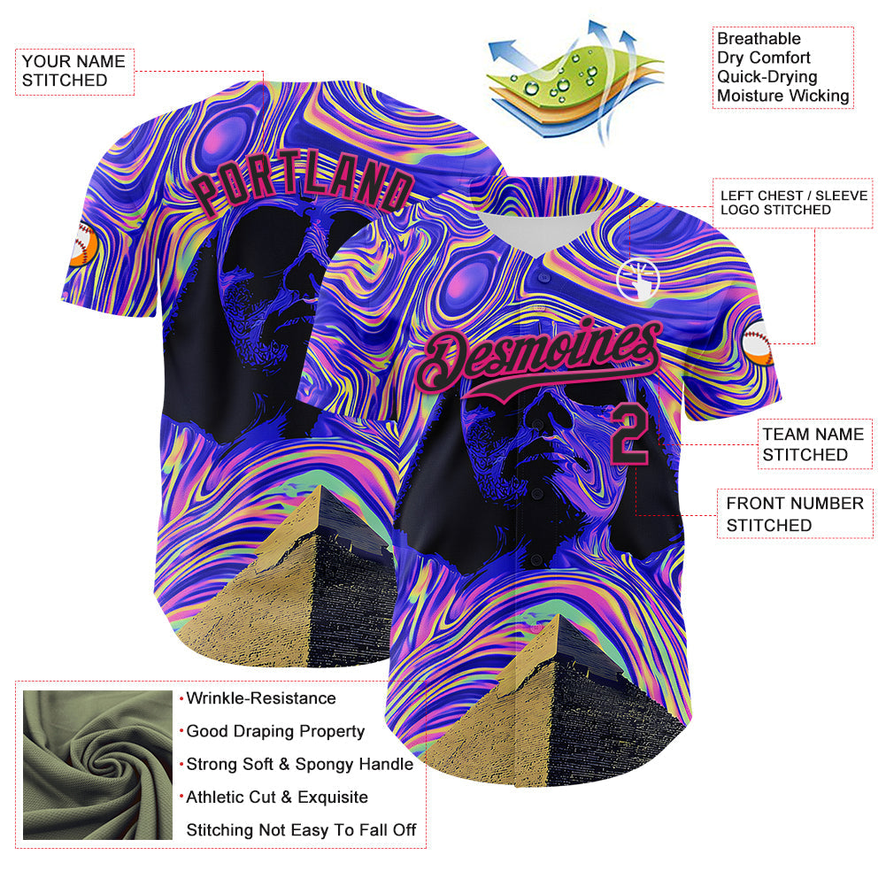 Custom Purple Black-Hot Pink 3D Pattern Design Rave Psychedelic Fluid Art Pyramid Authentic Baseball Jersey baseball jersey product view 3
