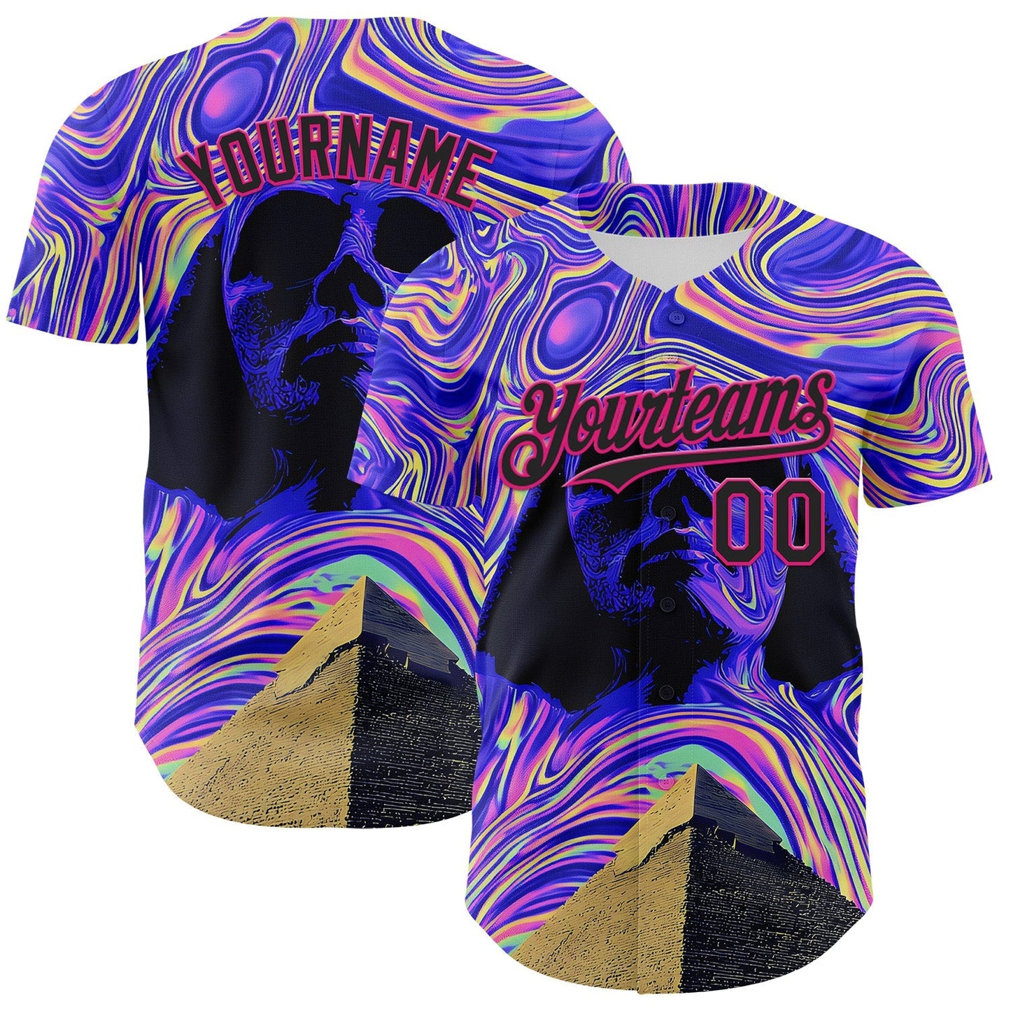 Custom Purple Black-Hot Pink 3D Pattern Design Rave Psychedelic Fluid Art Pyramid Authentic Baseball Jersey baseball jersey product view 1