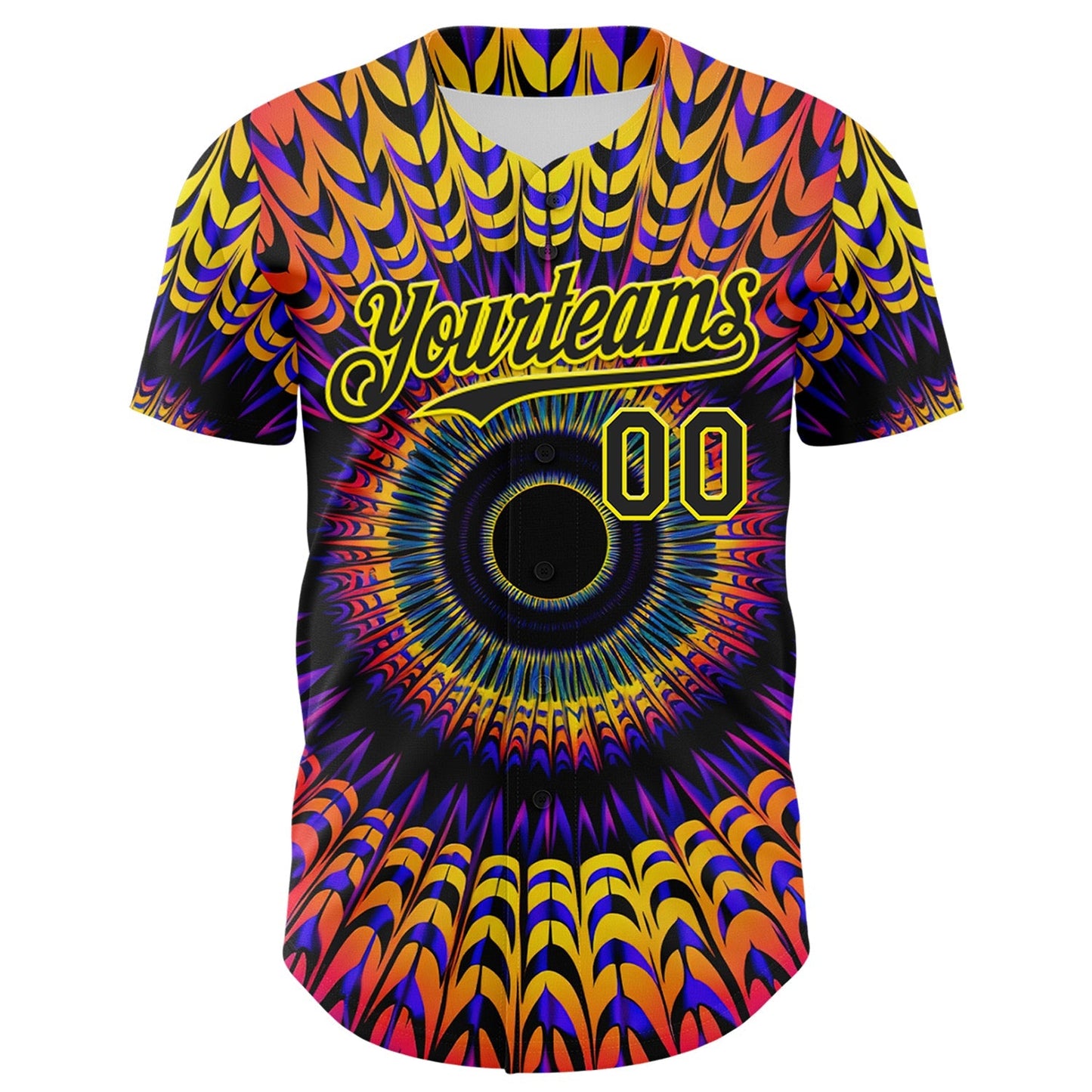 Custom Black Light Yellow 3D Pattern Design Rave Psychedelic Fractal Style Authentic Baseball Jersey baseball jersey product view 2