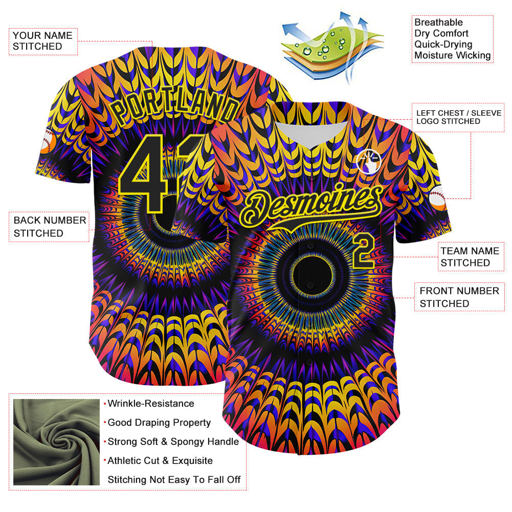 Custom Black Light Yellow 3D Pattern Design Rave Psychedelic Fractal Style Authentic Baseball Jersey baseball jersey product view 3
