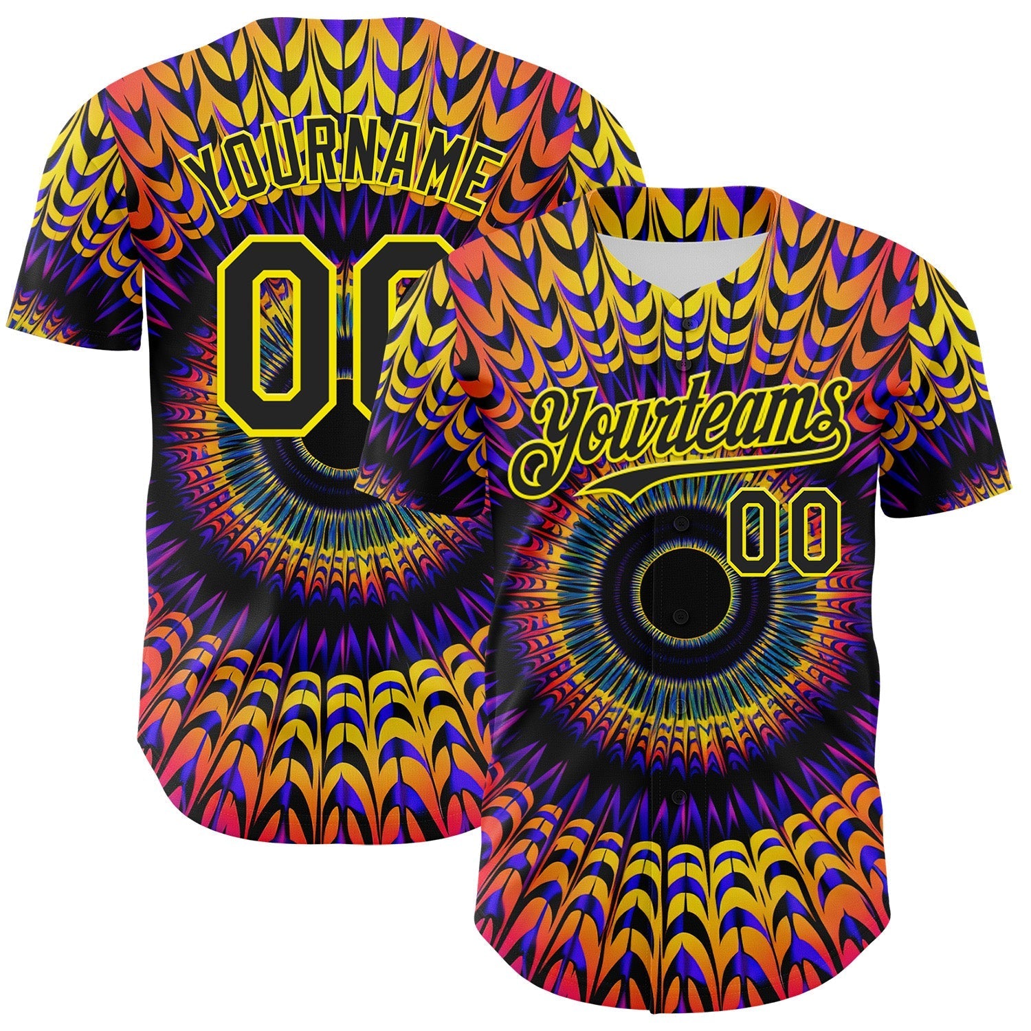Custom Black Light Yellow 3D Pattern Design Rave Psychedelic Fractal Style Authentic Baseball Jersey baseball jersey product view 1