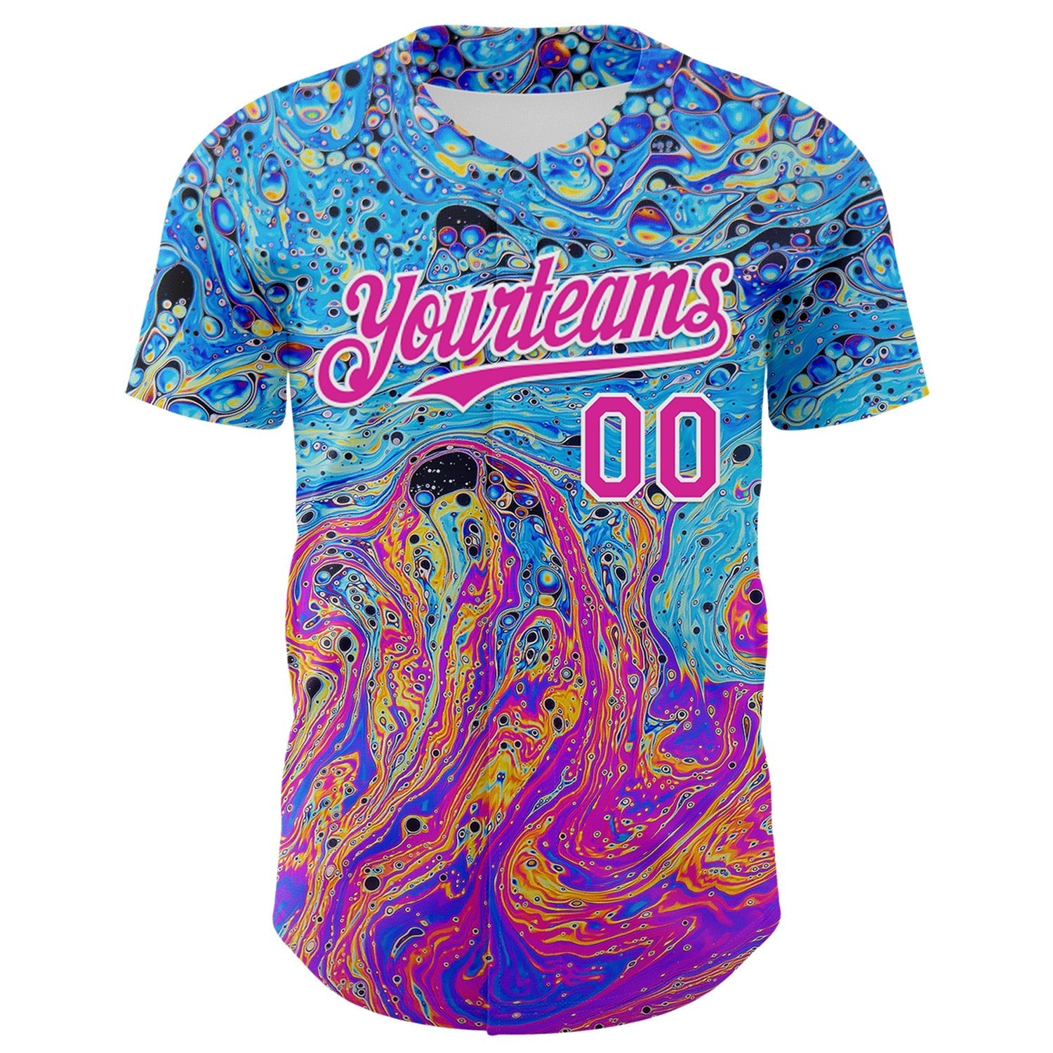 Custom Electric Blue Deep Pink-White 3D Pattern Design Rave Psychedelic Fluid Art Authentic Baseball Jersey baseball jersey product view 2