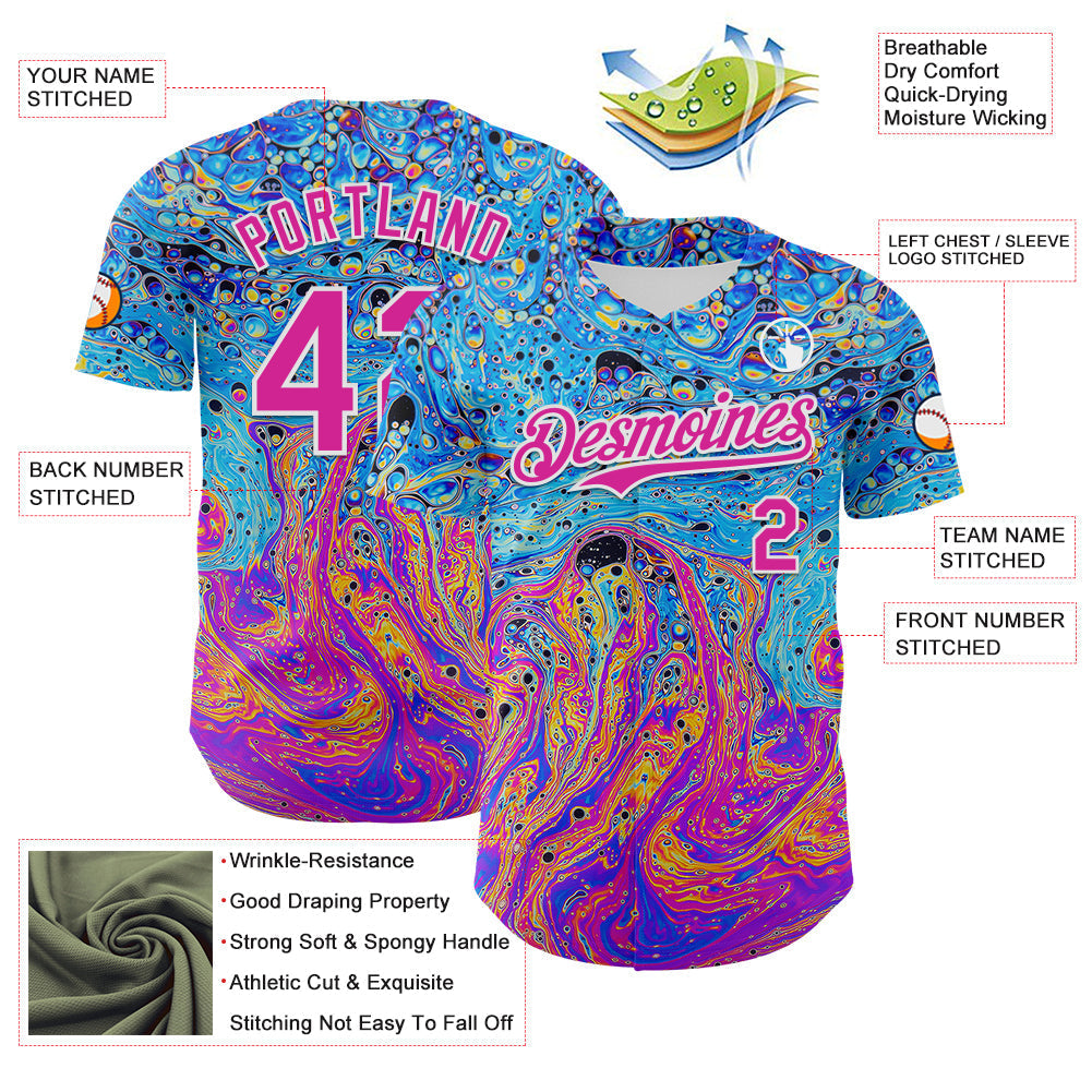 Custom Electric Blue Deep Pink-White 3D Pattern Design Rave Psychedelic Fluid Art Authentic Baseball Jersey baseball jersey product view 3