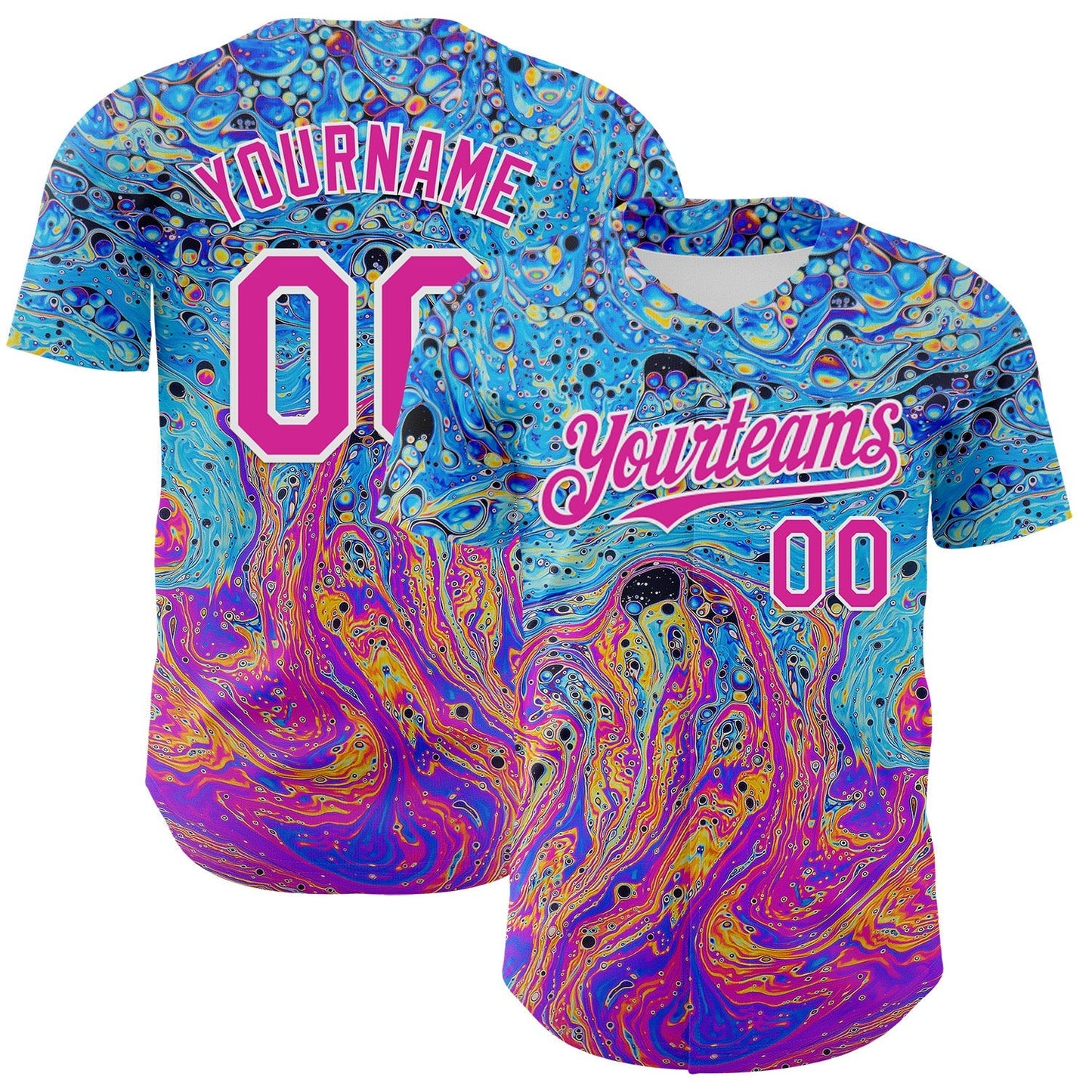Custom Electric Blue Deep Pink-White 3D Pattern Design Rave Psychedelic Fluid Art Authentic Baseball Jersey baseball jersey product view 1