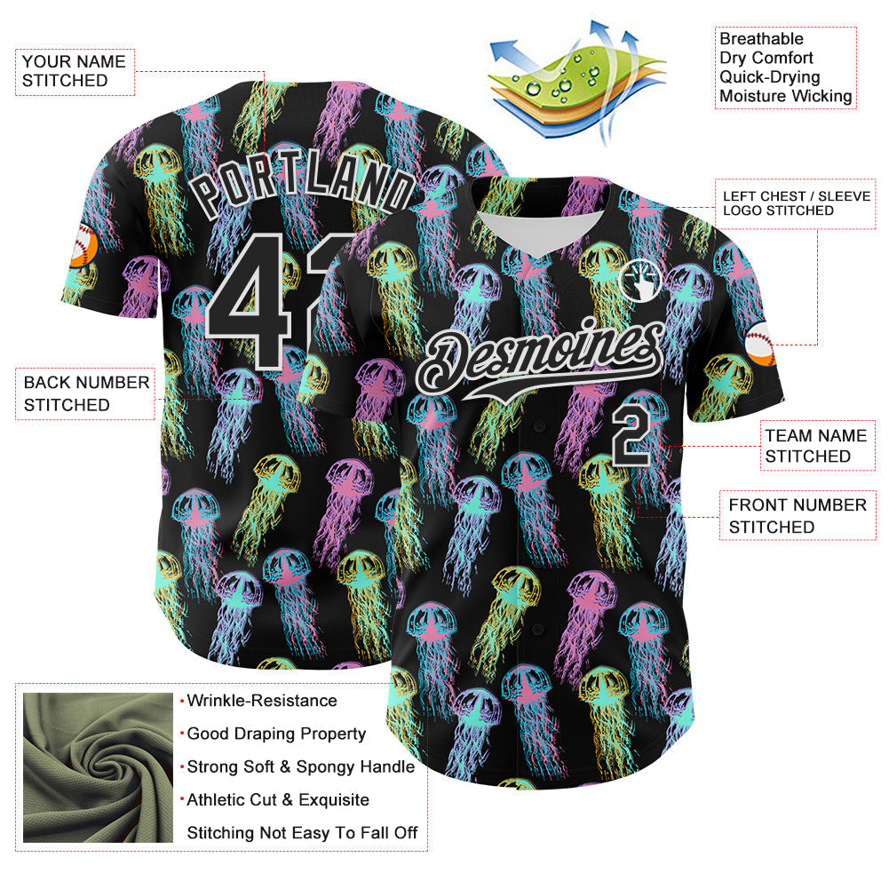 Custom Black White 3D Pattern Design Rave Psychedelic Jellyfish Authentic Baseball Jersey baseball jersey product view 3
