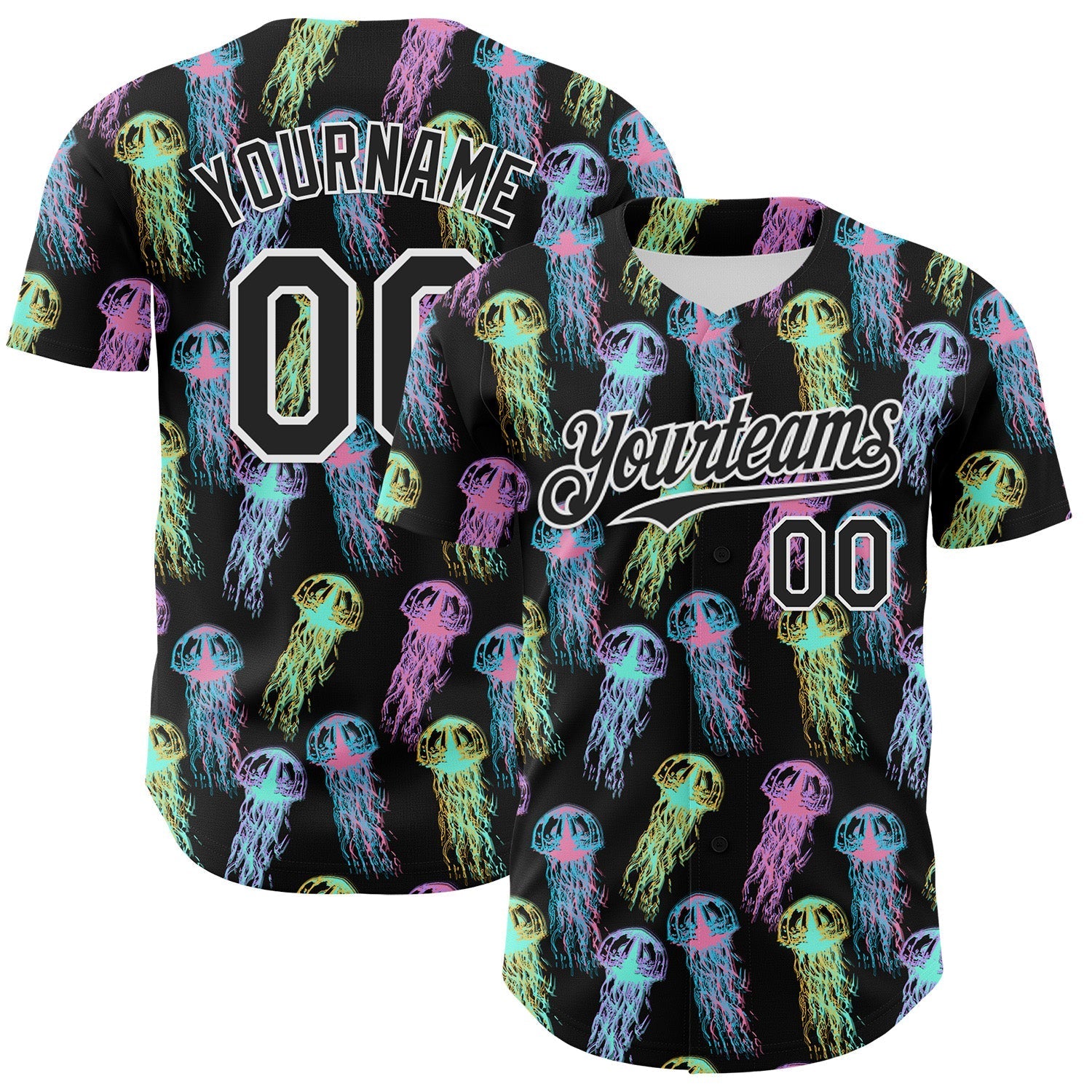 Custom Black White 3D Pattern Design Rave Psychedelic Jellyfish Authentic Baseball Jersey baseball jersey product view 1