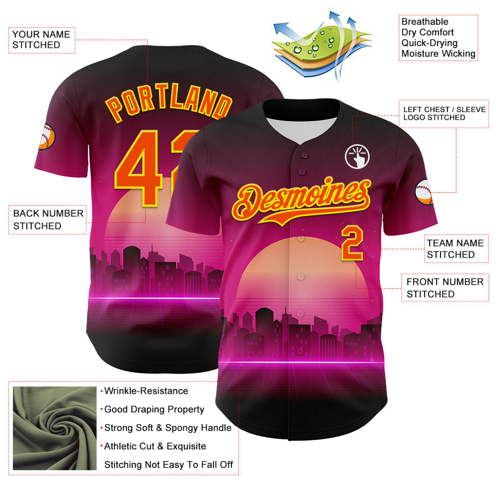 Custom Purple Orange-Light Yellow 3D Pattern Design Rave Psychedelic Futuristic Music Authentic Baseball Jersey baseball jersey product view 3