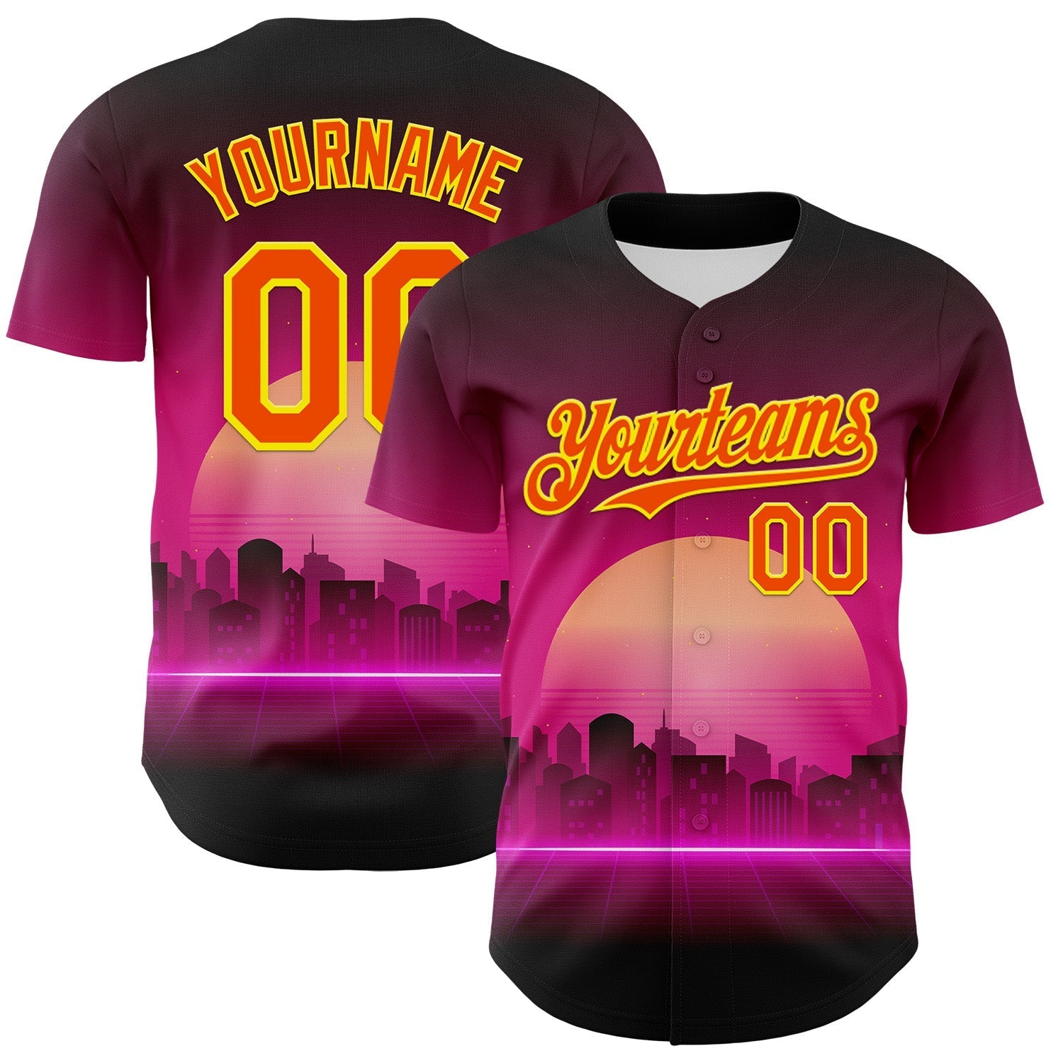 Custom Purple Orange-Light Yellow 3D Pattern Design Rave Psychedelic Futuristic Music Authentic Baseball Jersey baseball jersey product view 1