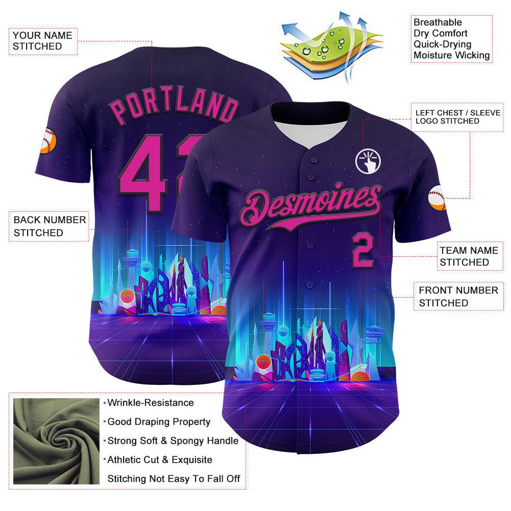 Custom Navy Deep Pink-Black 3D Pattern Design Rave Psychedelic Futuristic City Authentic Baseball Jersey baseball jersey product view 3