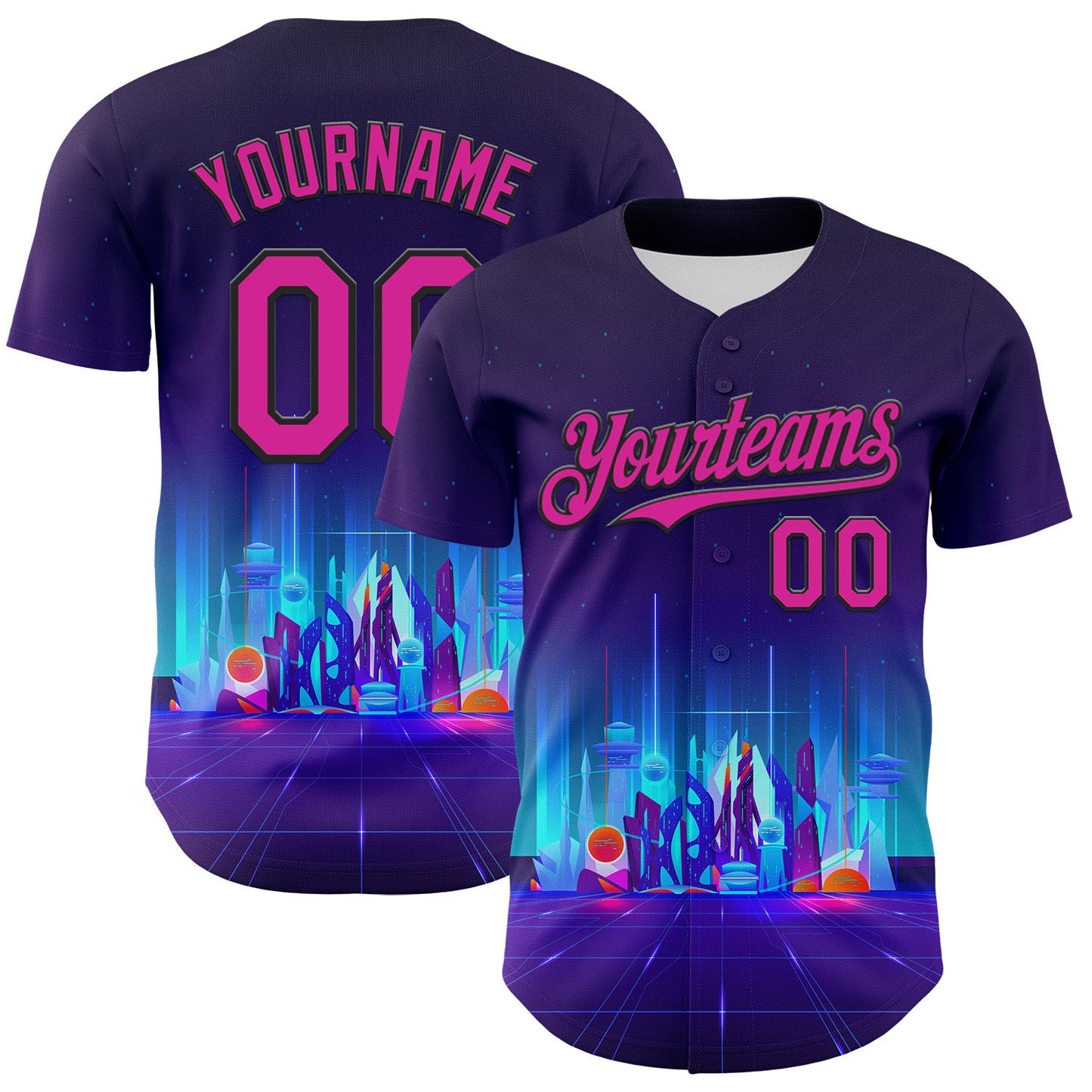 Custom Navy Deep Pink-Black 3D Pattern Design Rave Psychedelic Futuristic City Authentic Baseball Jersey baseball jersey product view 1
