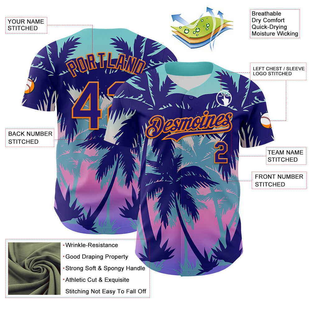 Custom Dark Purple Bay Orange 3D Pattern Design Rave Psychedelic Tropical Palm Tree Authentic Baseball Jersey baseball jersey product view 3