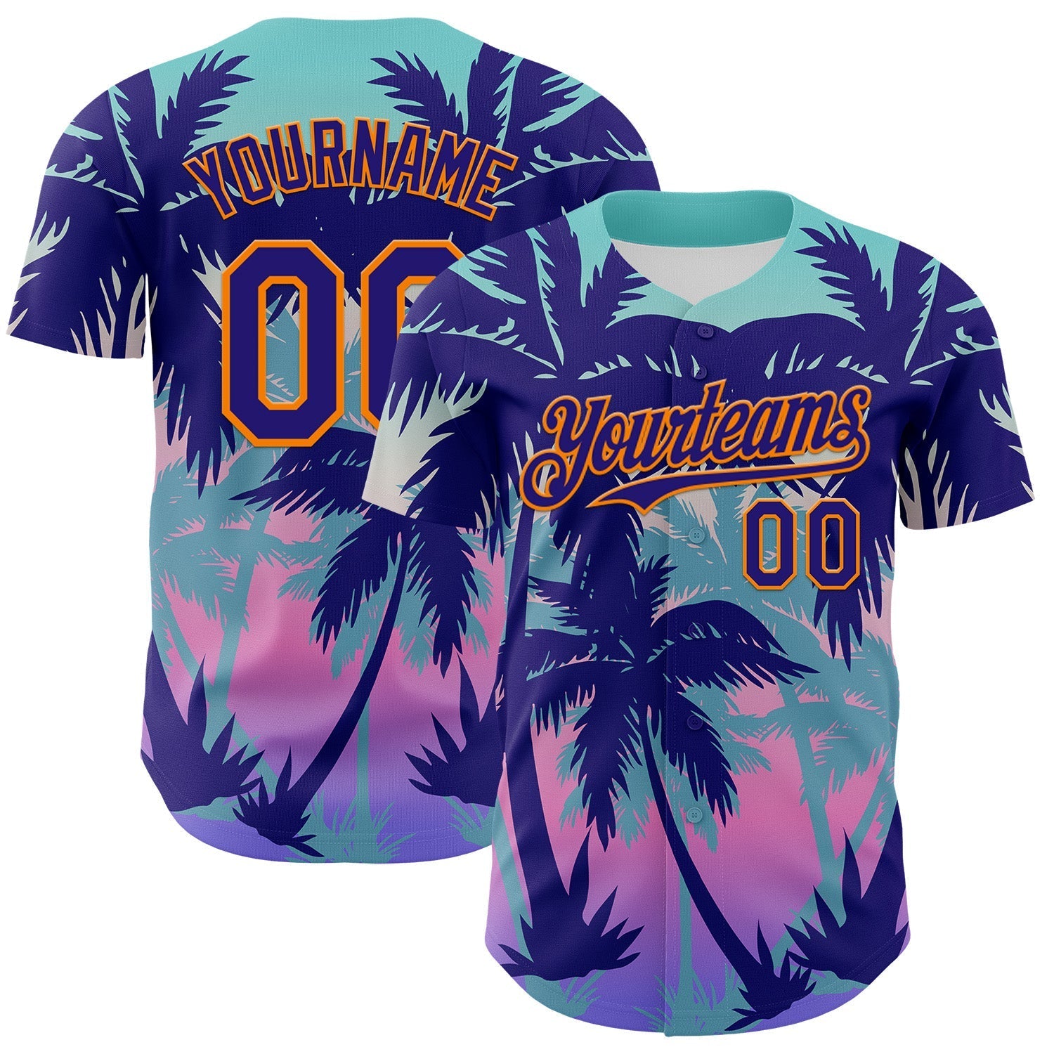 Custom Dark Purple Bay Orange 3D Pattern Design Rave Psychedelic Tropical Palm Tree Authentic Baseball Jersey baseball jersey product view 1