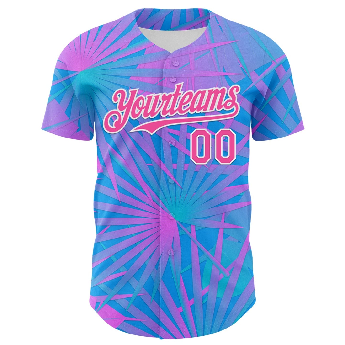Custom Electric Blue Pink-White 3D Pattern Design Rave Psychedelic Tropical Palm Leaves Authentic Baseball Jersey baseball jersey product view 2