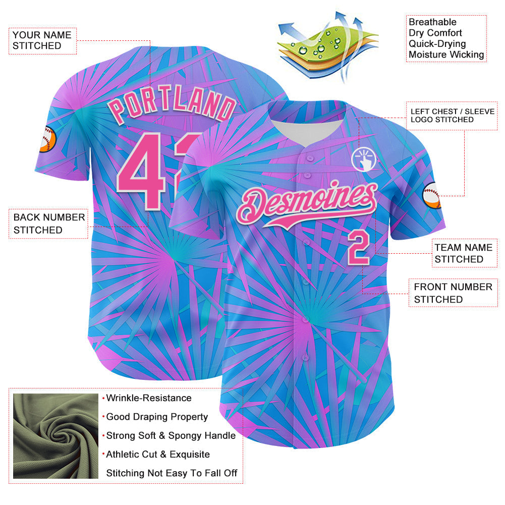 Custom Electric Blue Pink-White 3D Pattern Design Rave Psychedelic Tropical Palm Leaves Authentic Baseball Jersey baseball jersey product view 3