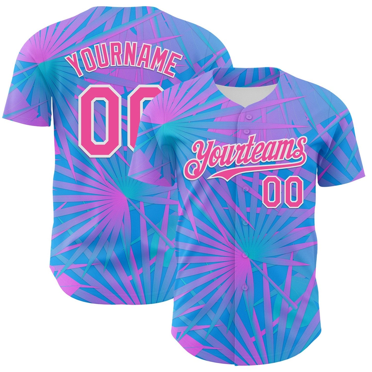Custom Electric Blue Pink-White 3D Pattern Design Rave Psychedelic Tropical Palm Leaves Authentic Baseball Jersey baseball jersey product view 1