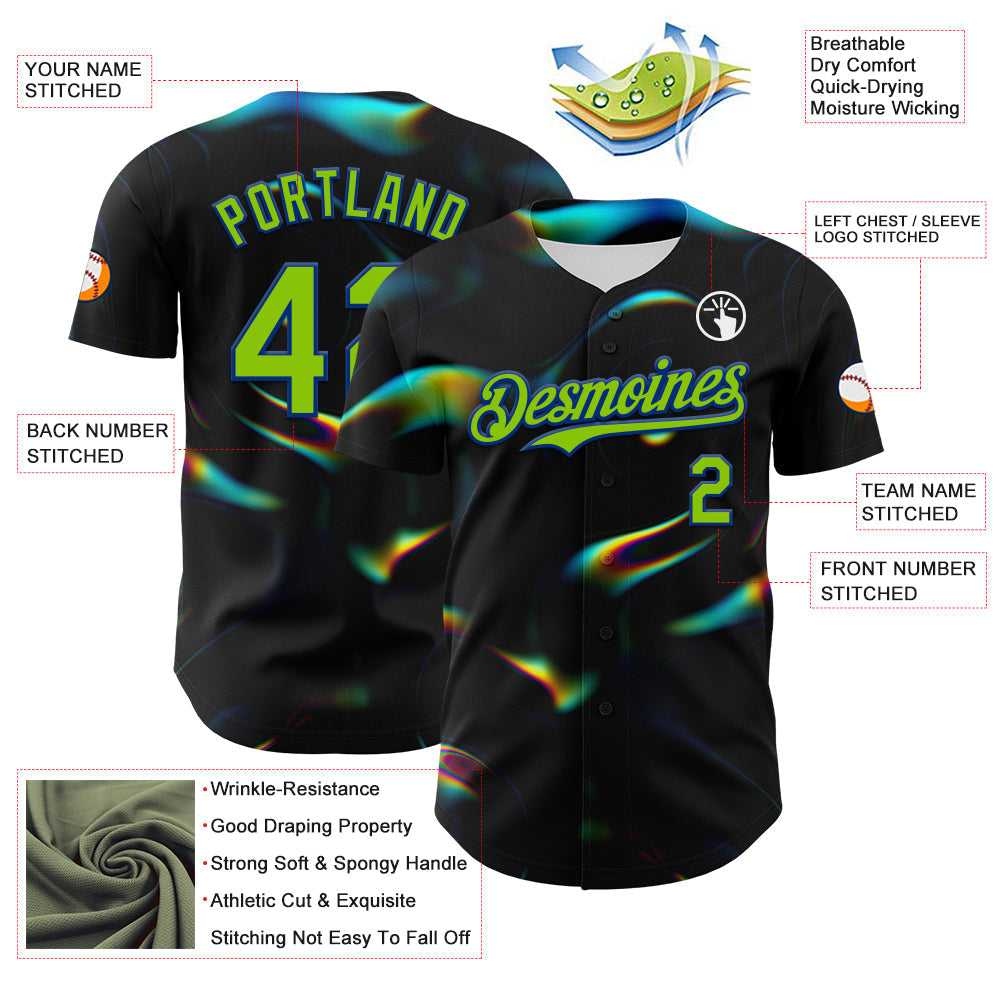 Custom Black Neon Green-Royal 3D Pattern Design Rave Psychedelic Holographic Vaporwave Style Authentic Baseball Jersey baseball jersey product view 3