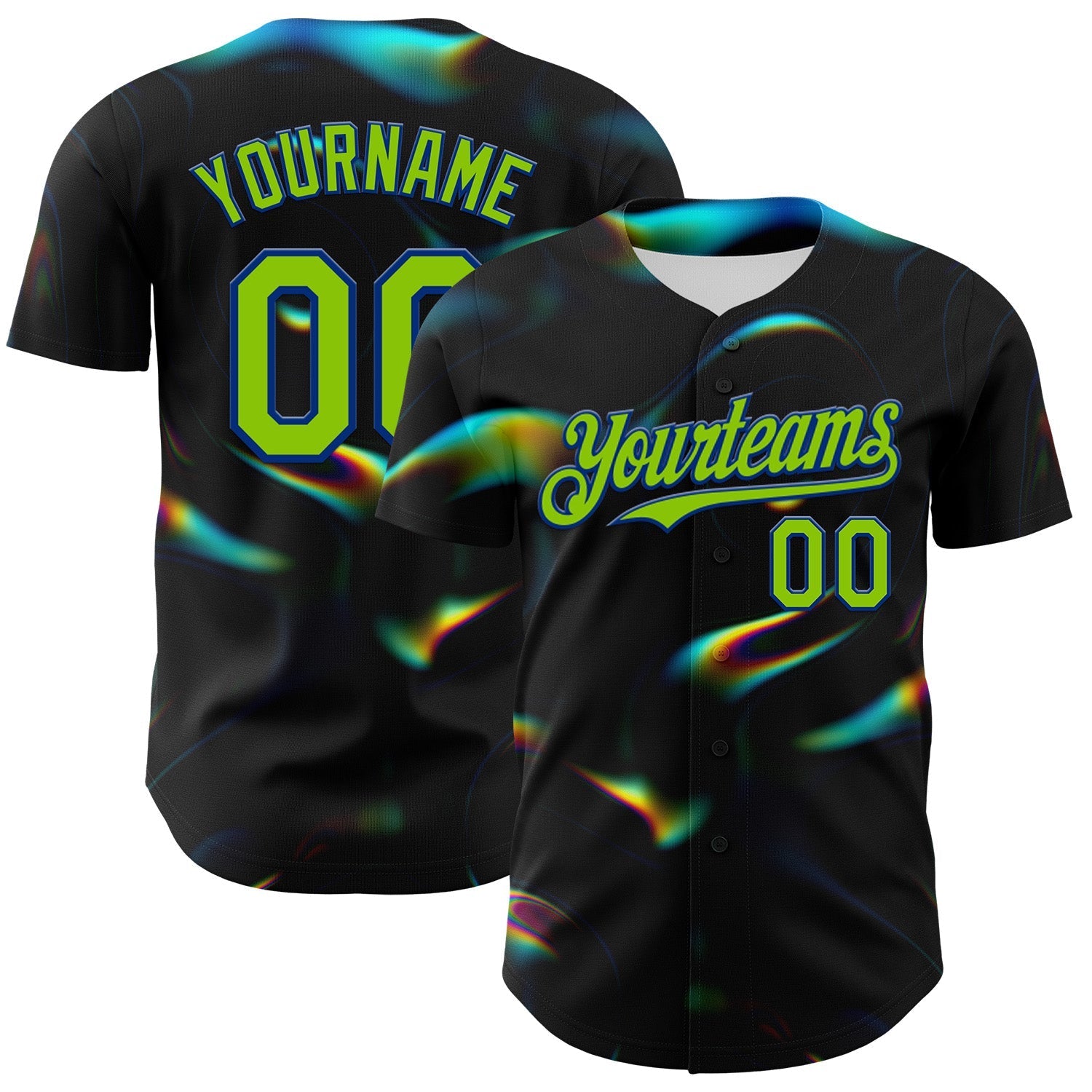 Custom Black Neon Green-Royal 3D Pattern Design Rave Psychedelic Holographic Vaporwave Style Authentic Baseball Jersey baseball jersey product view 1